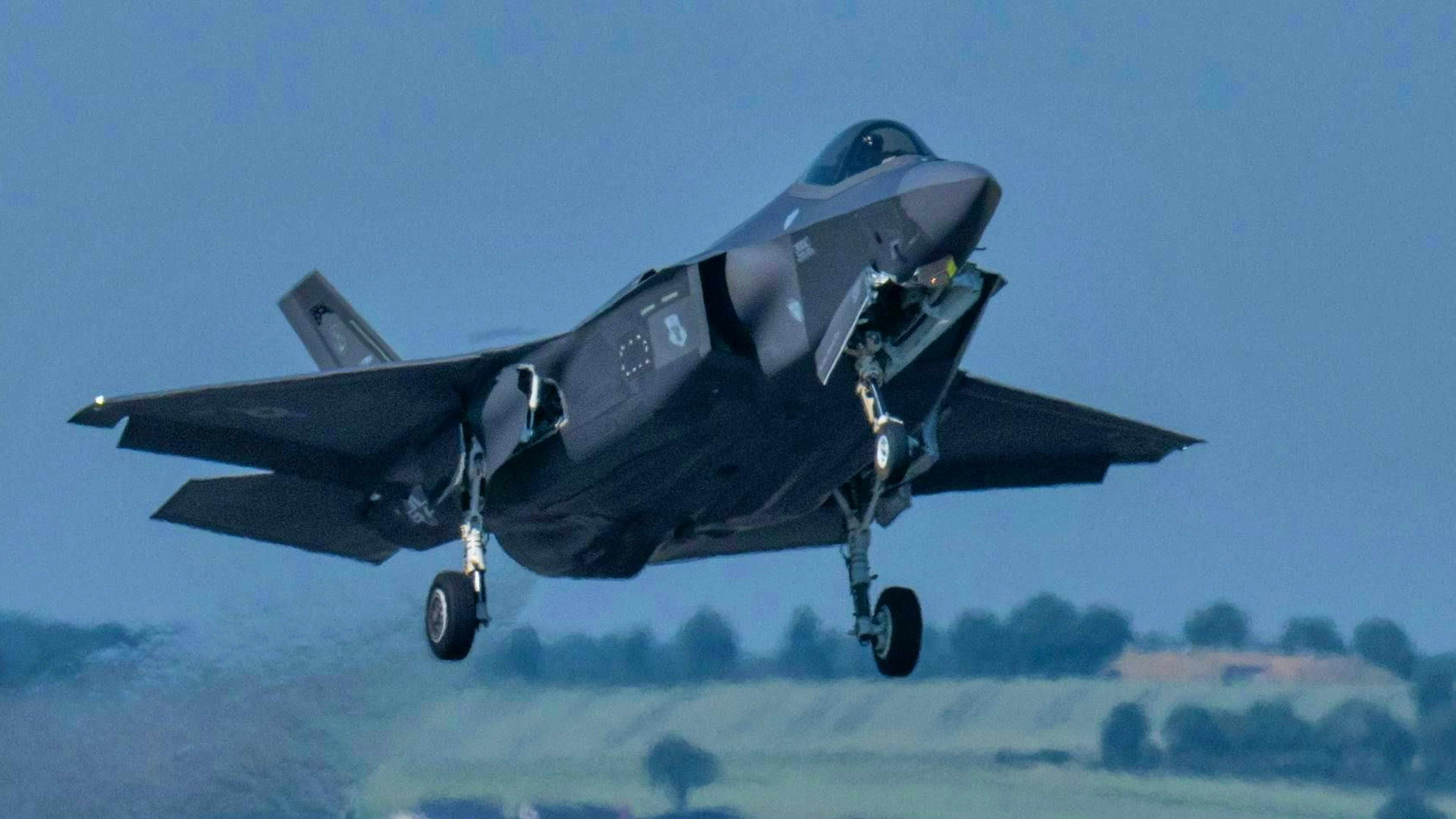 A US Air Force F-35 fighter aircraft takes off from Spangdahlem Air Base during the "Air Defender 2023" air force exercise.
