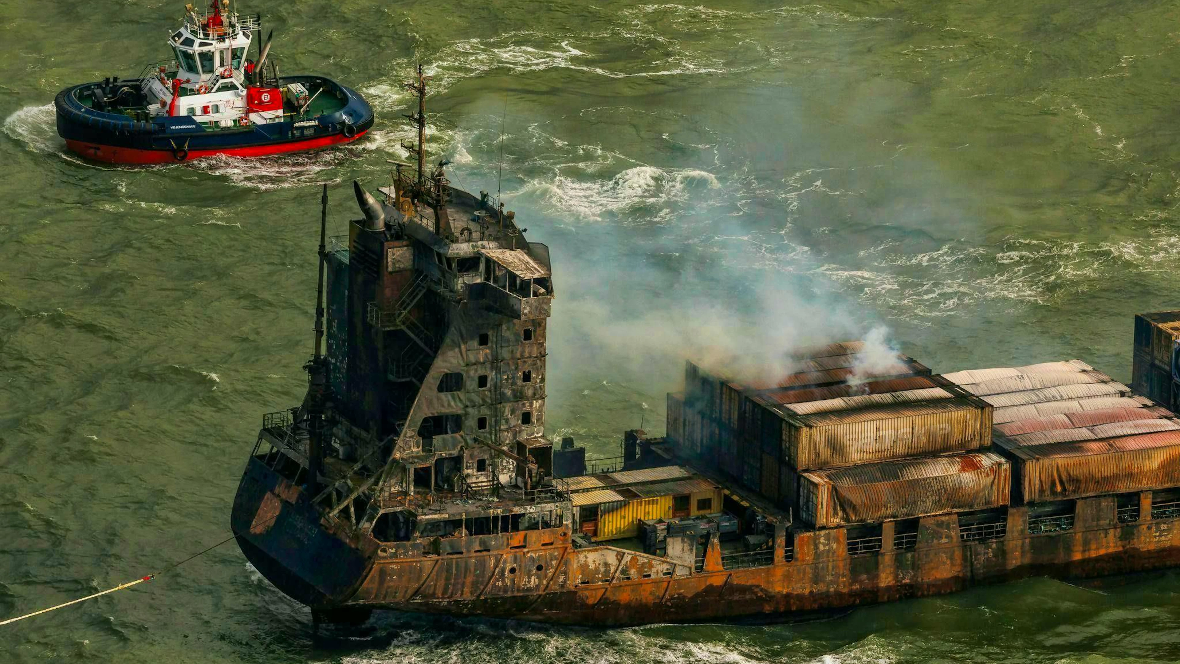 Smoke on the cargo ship "Solong" after the collision of two ships in the North Sea.