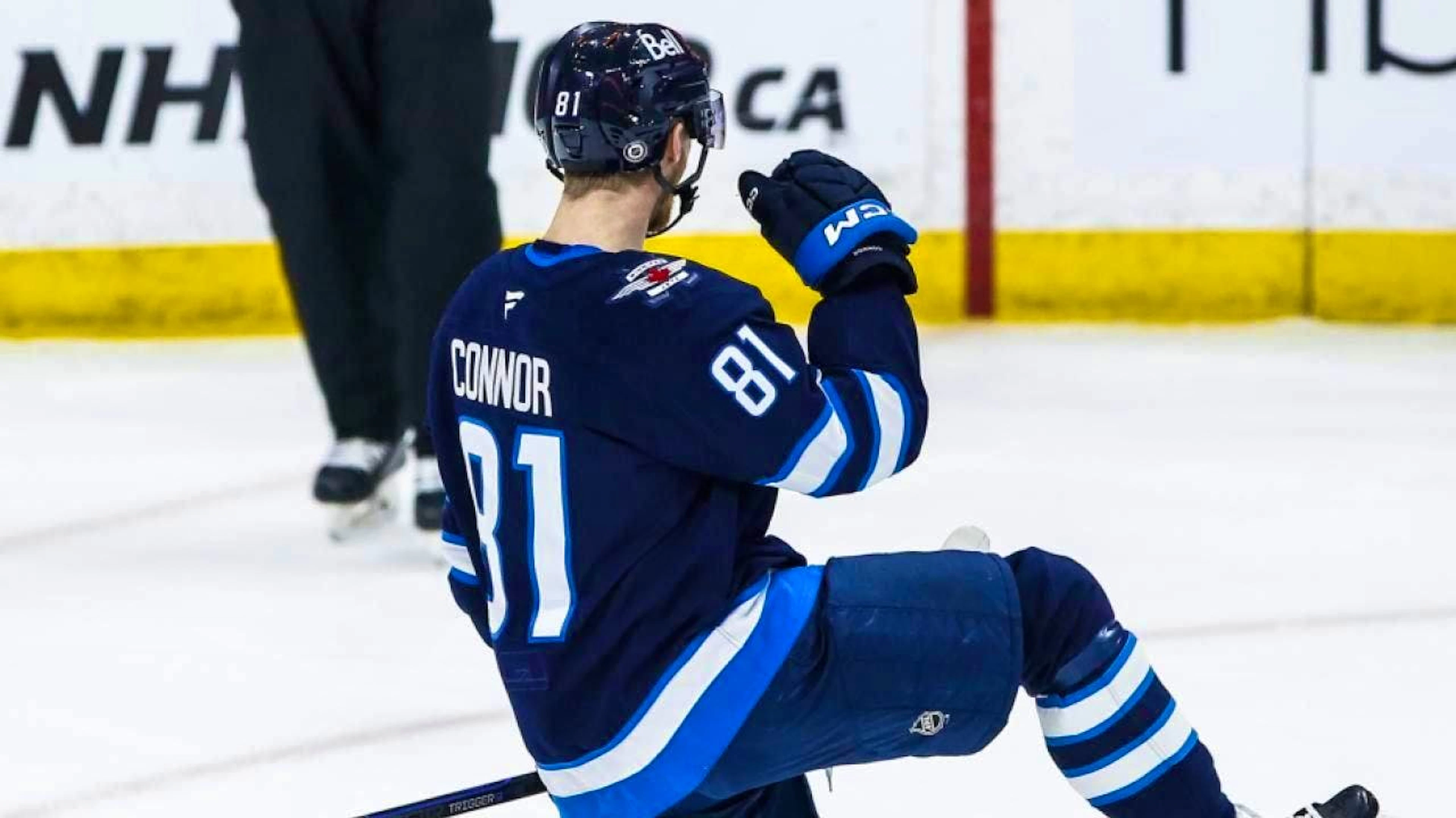 Winnipeg's two-goal scorer Kyle Connor celebrates his goal in the first period to make it 2-0