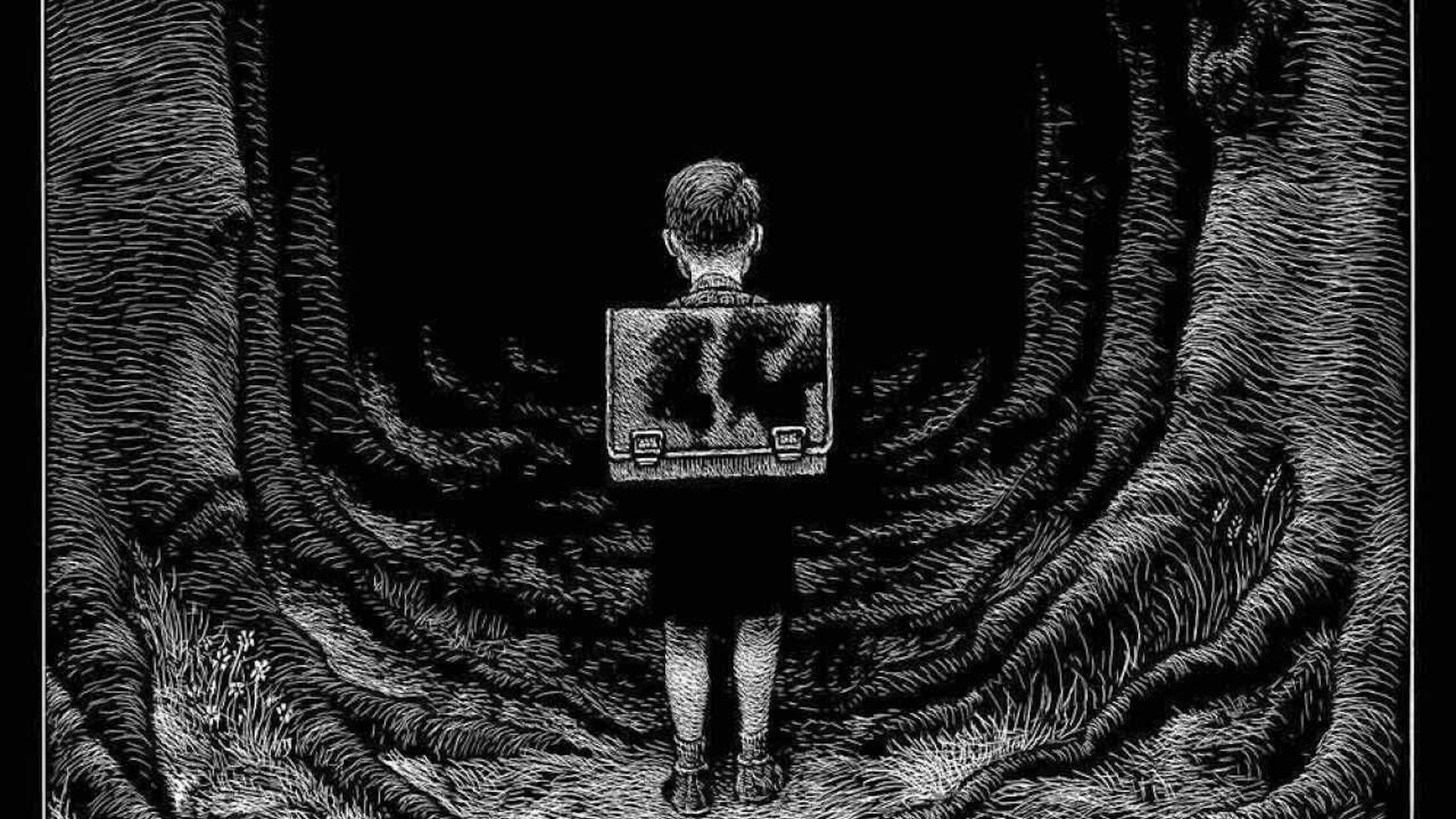 "Weltenbummler" (2012) zeigt einen kleinen Schuljungen auf dem Weg in eine unheimlich-düstere Schlucht. Die Zeichnung des Comic-Künstlers Thomas Ott deutet die Abgründe menschlichen Daseins an. Das Cartoonmuseum Basel widmet dem gebürtigen Zürcher eine Retrospektive.