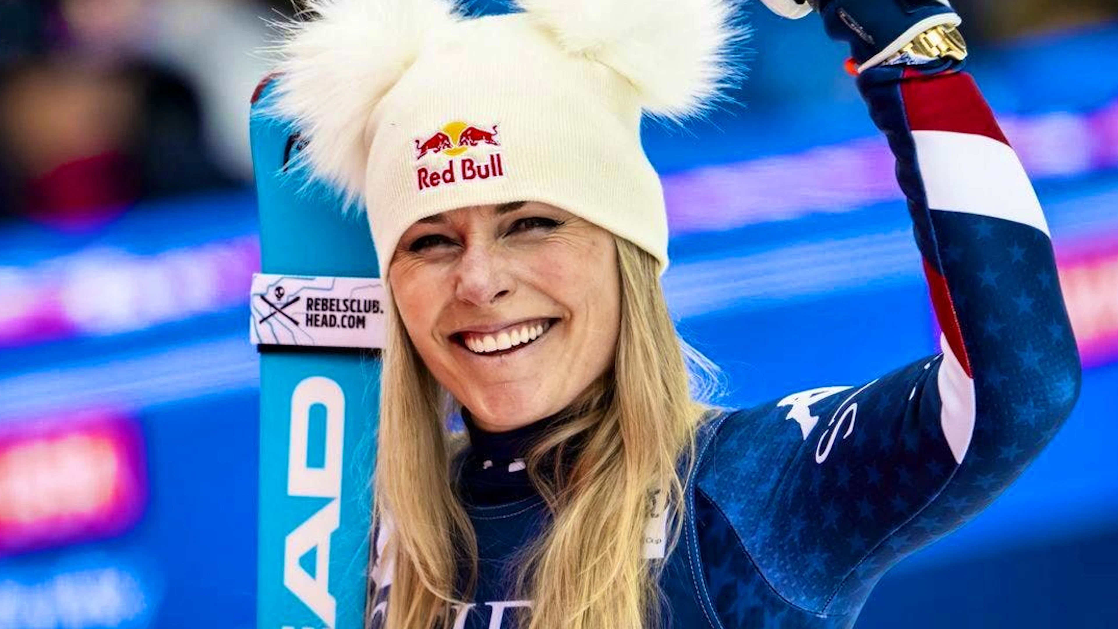 Lindsey Vonn celebrates second place in Sun Valley.
