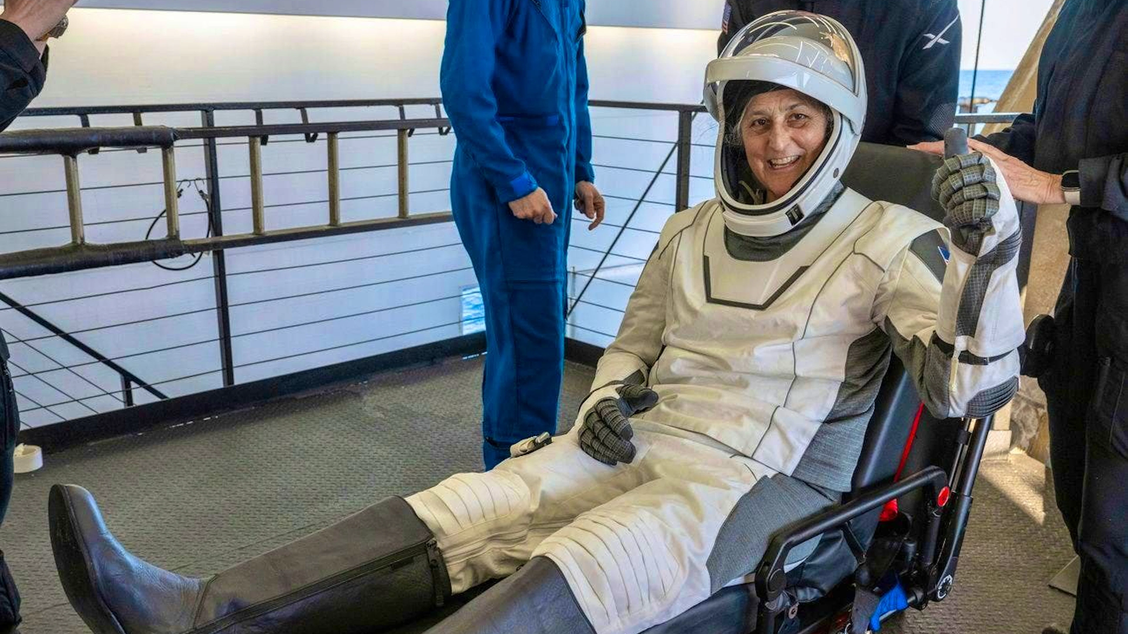 Nasa astronaut Suni Williams minutes after she and Barry Wilmore landed in the ocean off the coast of the US state of Florida in a Crew Dragon space capsule from the space company SpaceX. (March 18, 2025)