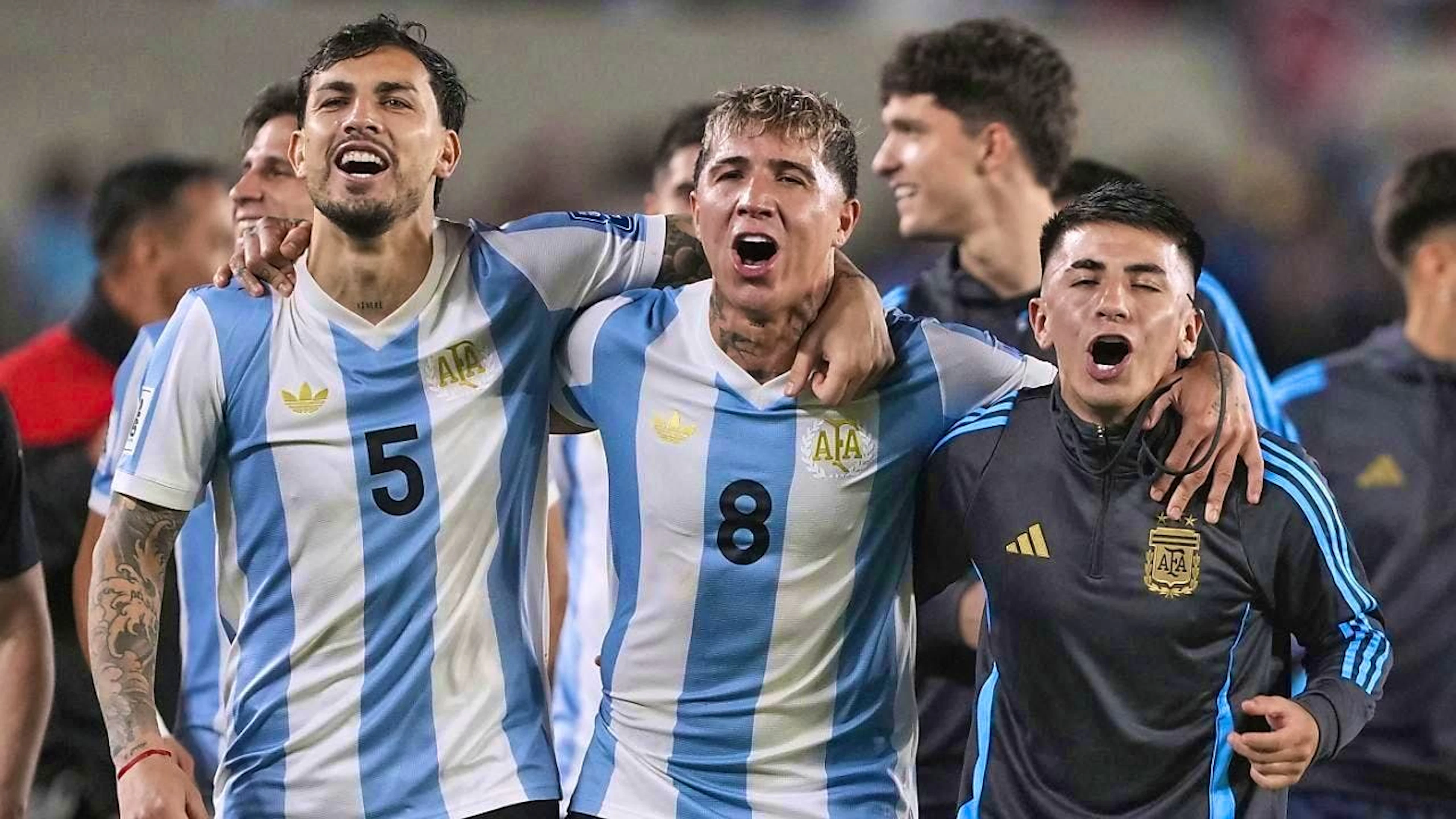 It's especially nice to celebrate against your arch-rivals: Enzo Fernandez (number 8) celebrates Argentina's second goal against Brazil with Leandro Paredes (5) and Thiago Almada