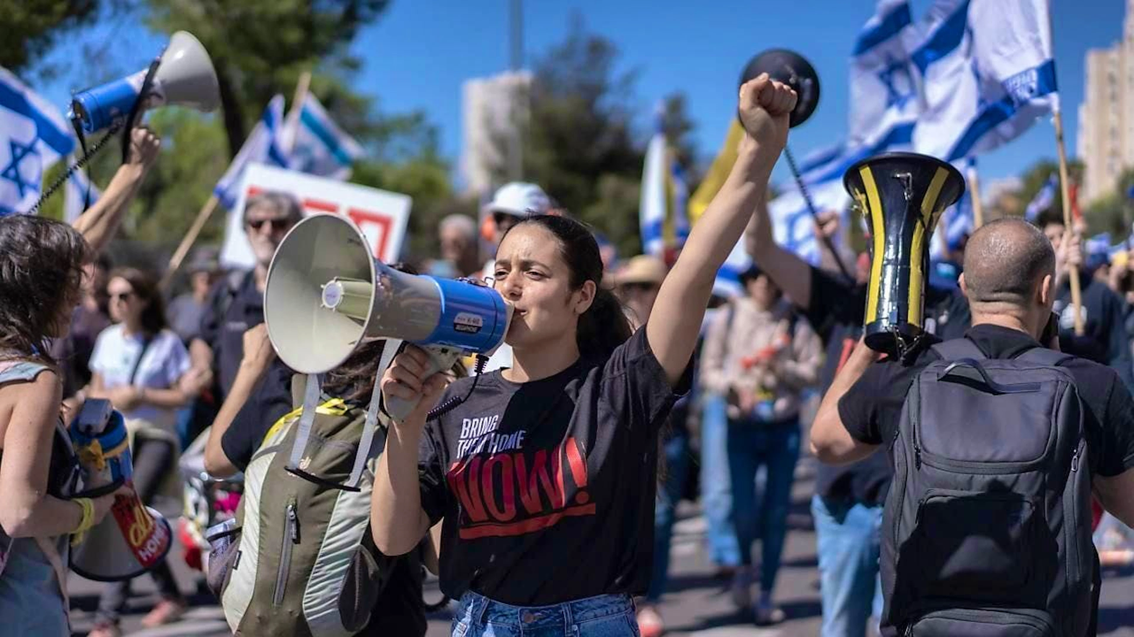 ARCHIVE - People chant slogans during a protest against Netanyahu's government. Photo: Ilia Yefimovich/dpa/Archive image