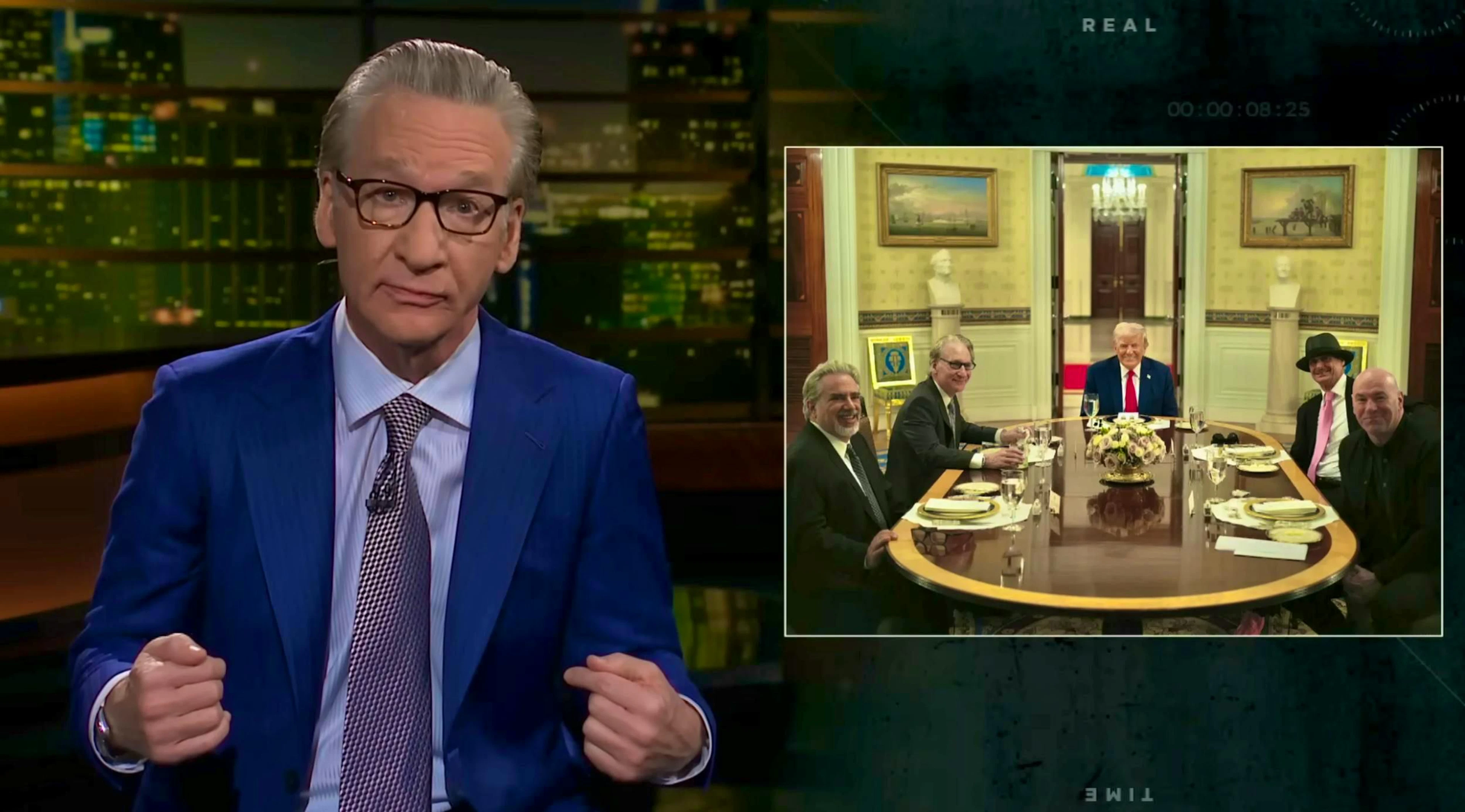 Bill Maher can be seen large on the left and small on the right as he dines with Kid Rock and other guests with Donald Trump on March 31.
