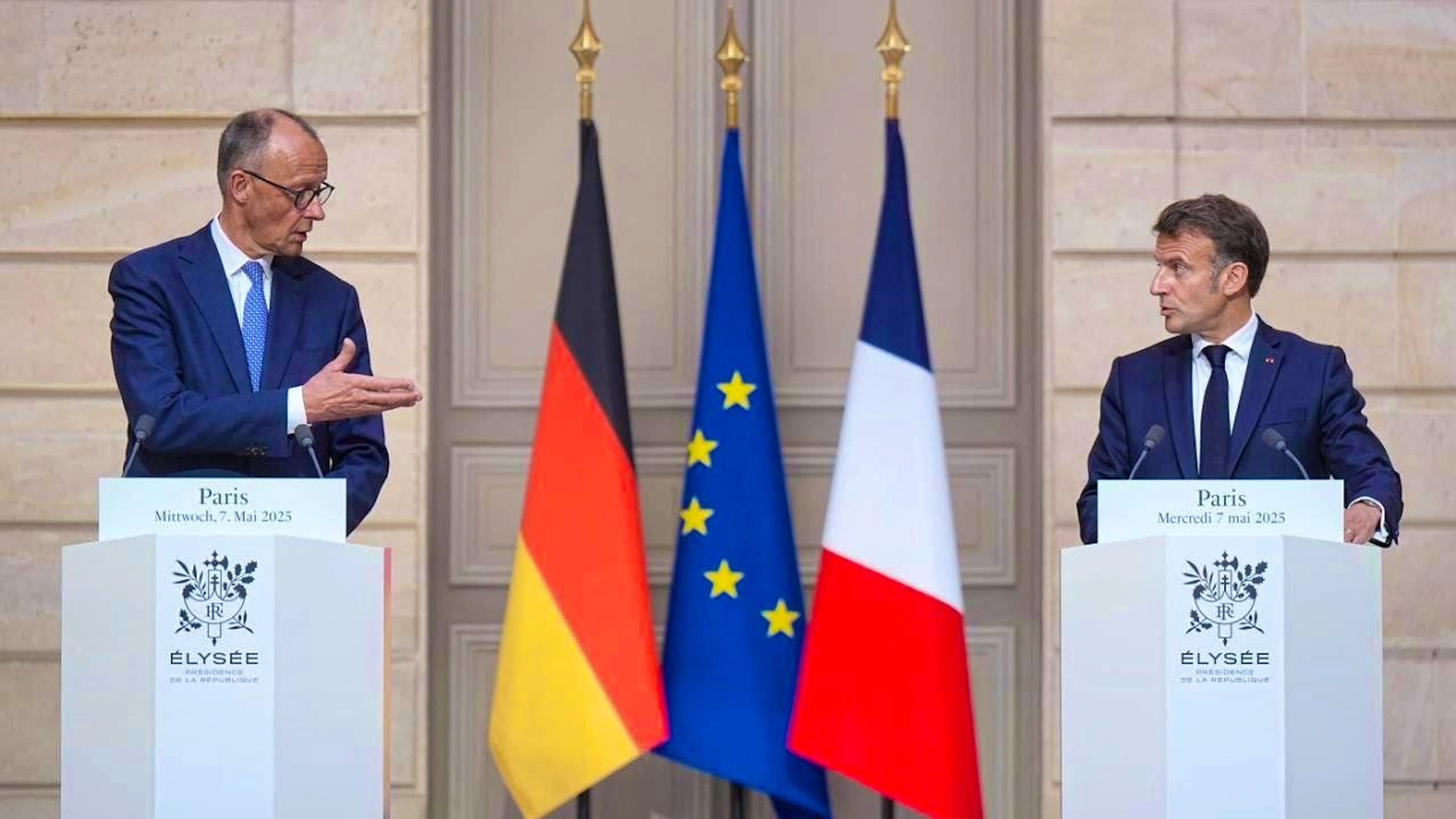 dpatopbilder - German Chancellor Friedrich Merz (left) visiting French President Emmanuel Macron in Paris. Photo: Michael Kappeler/dpa