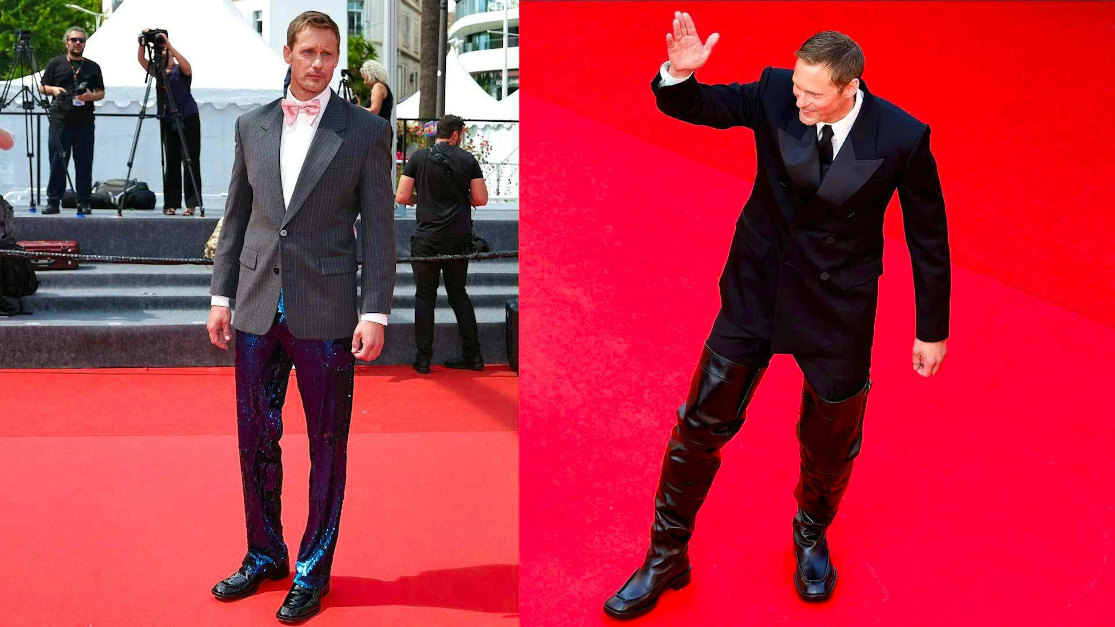 Alexander Skarsgård dresses his legs in huge boots and glitter pants, ready for the dance floor.
