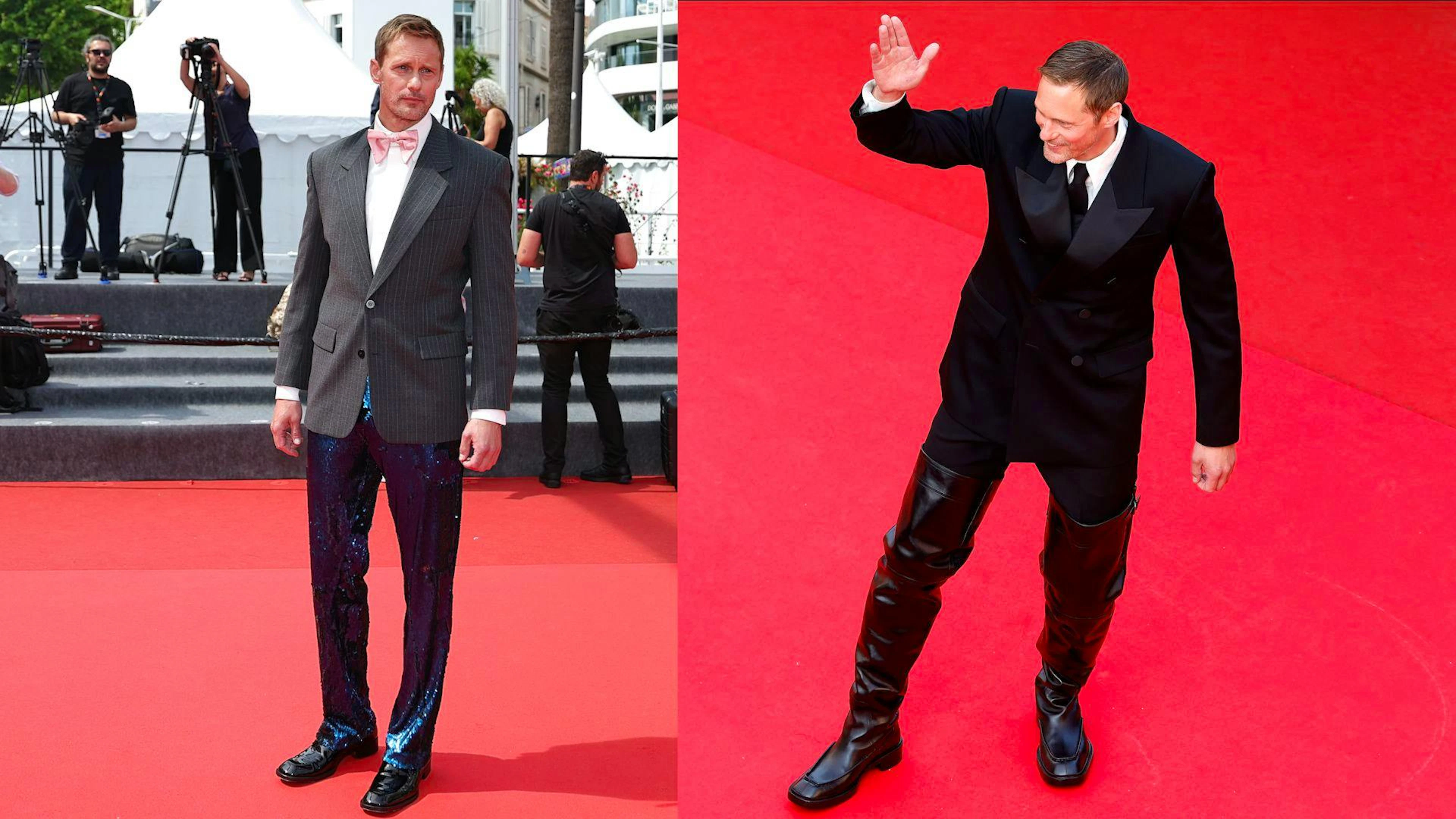 Alexander Skarsgård kleidet seine Beine in riesigen Stiefeln und Glitzer-Hose ein, ready für den Dancefloor.