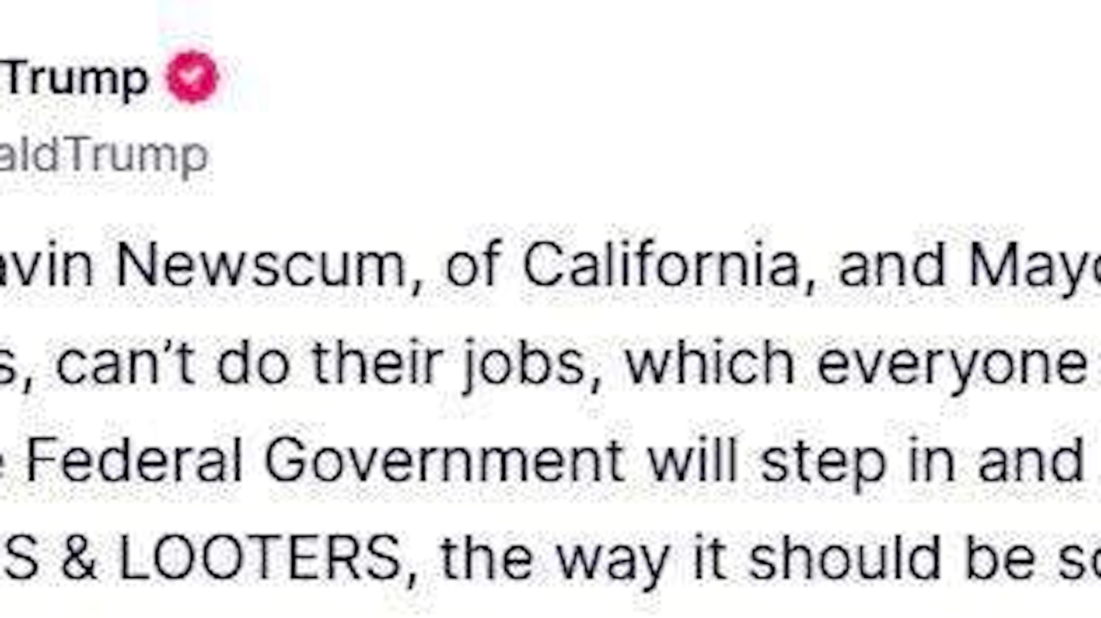 President Trump insults the mayor of Los Angeles and the governor of California on Truth Social.