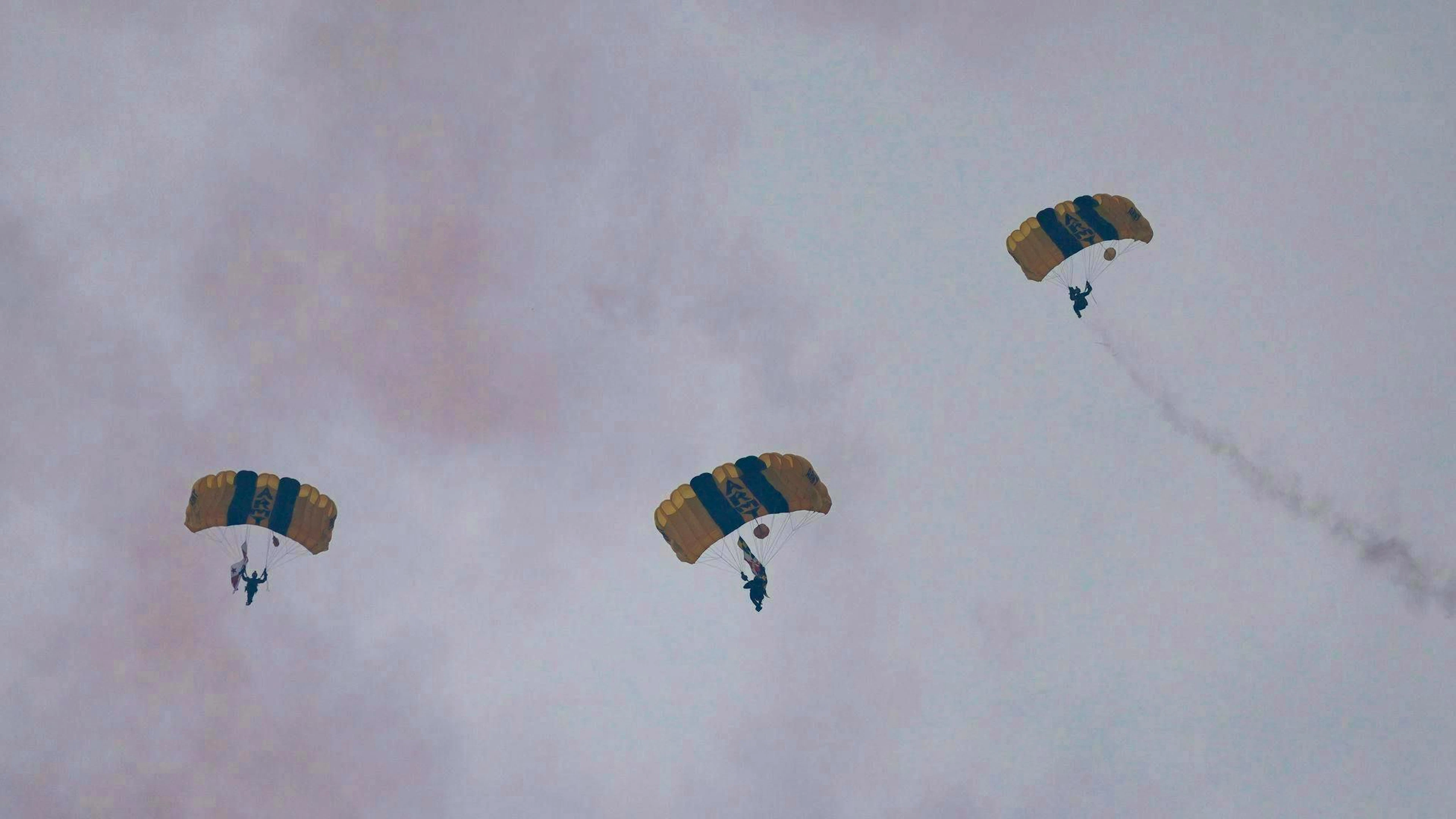 Parachutists can be seen in the sky during the parade. 