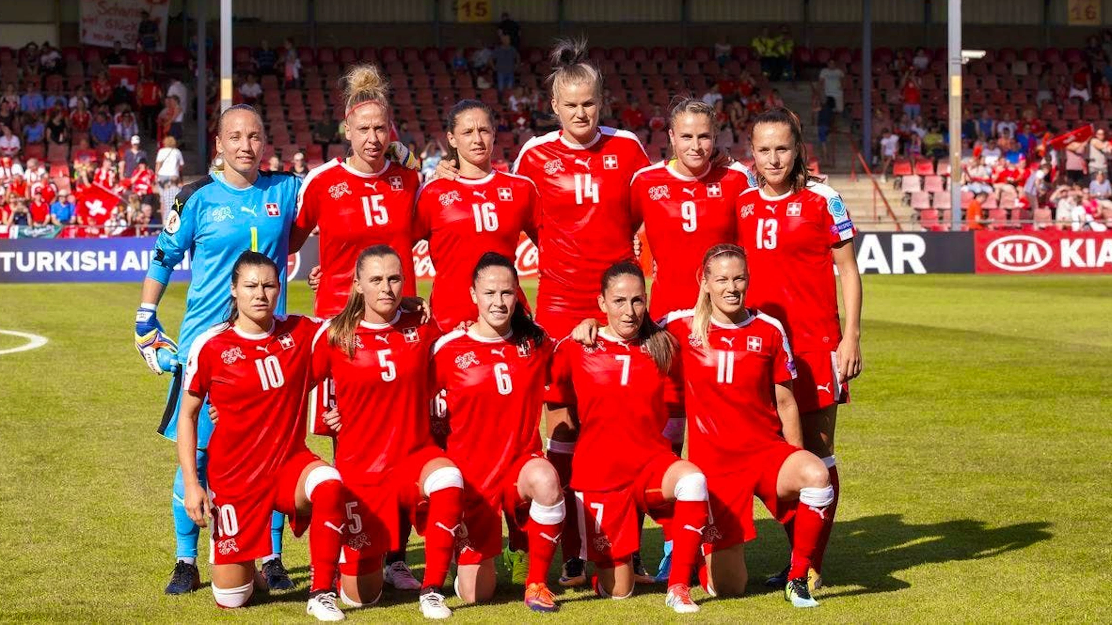 The women's national team at the 2017 European Championships against Austria: top - Gaelle Thalmann, Caroline Abbe, Fabienne Humm, Rahel Kiwic, Ana Maria Crnogorcevic, Lia Waelti; front row Ramona Bachmann, Noelle Maritz, Geraldine Reuteler, Martina Moser and Lara Dickenmann.