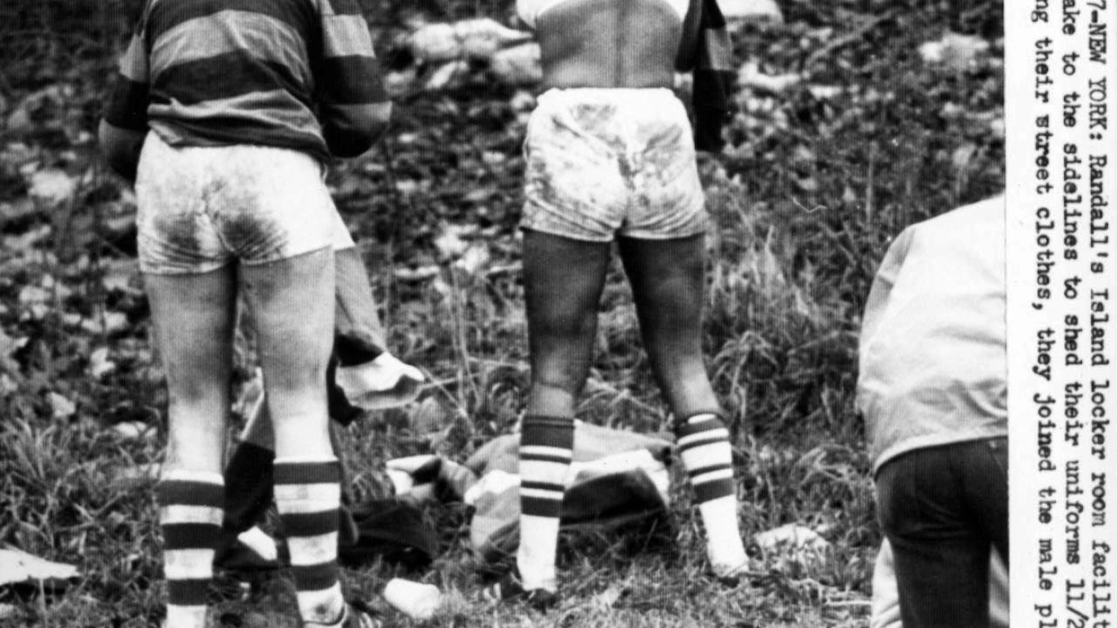 No dressing room: The team from McGill (New York) changes off the pitch in 1977.