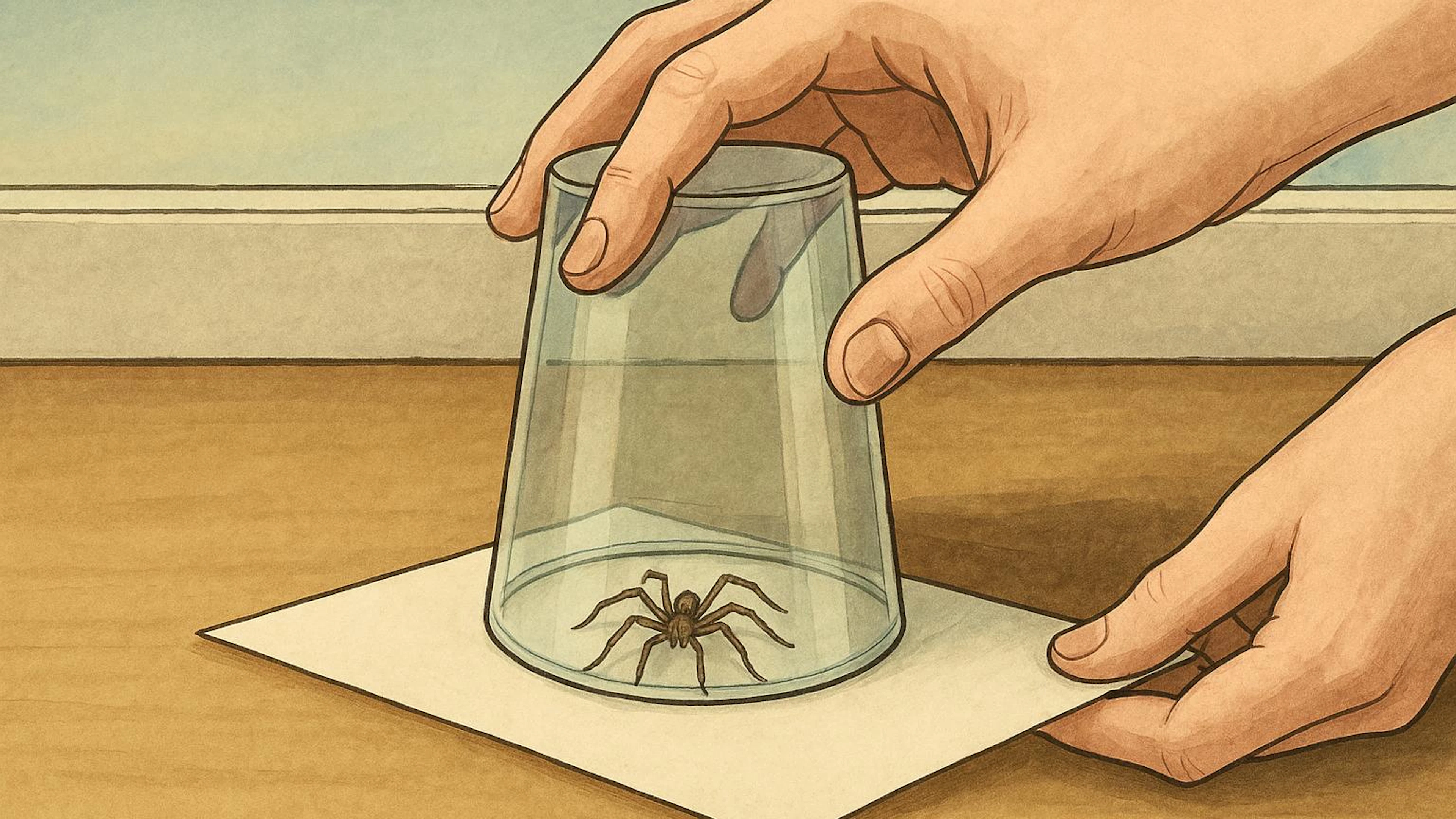 Spinnen können mit einem Glas und einem Blatt Papier entfernt werden.