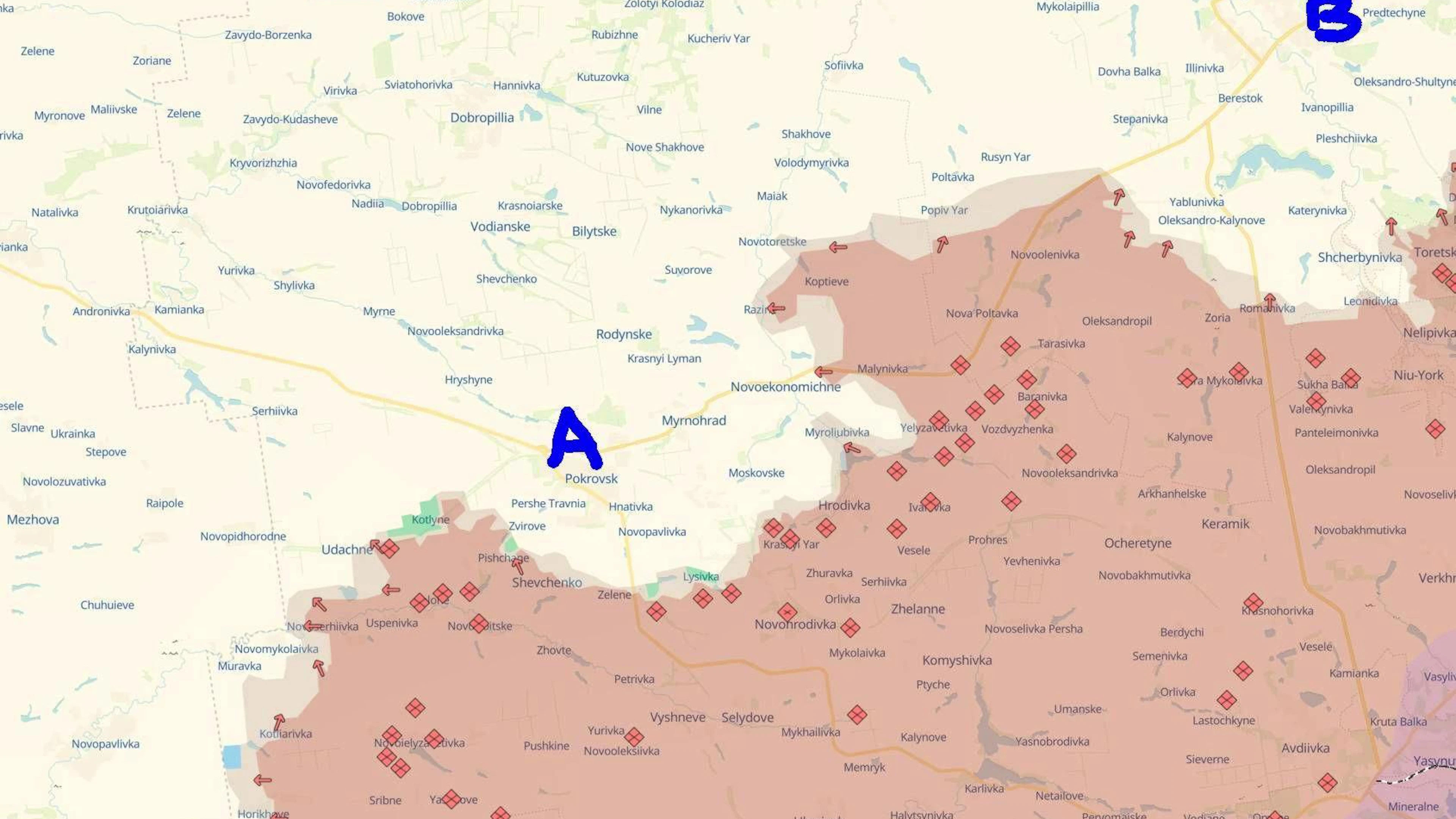 Pokrowsk (A) droht die Einkesseöung. Ein weiteres russisches Ziel ist die Eroberung von Kostjantyniwka (B).