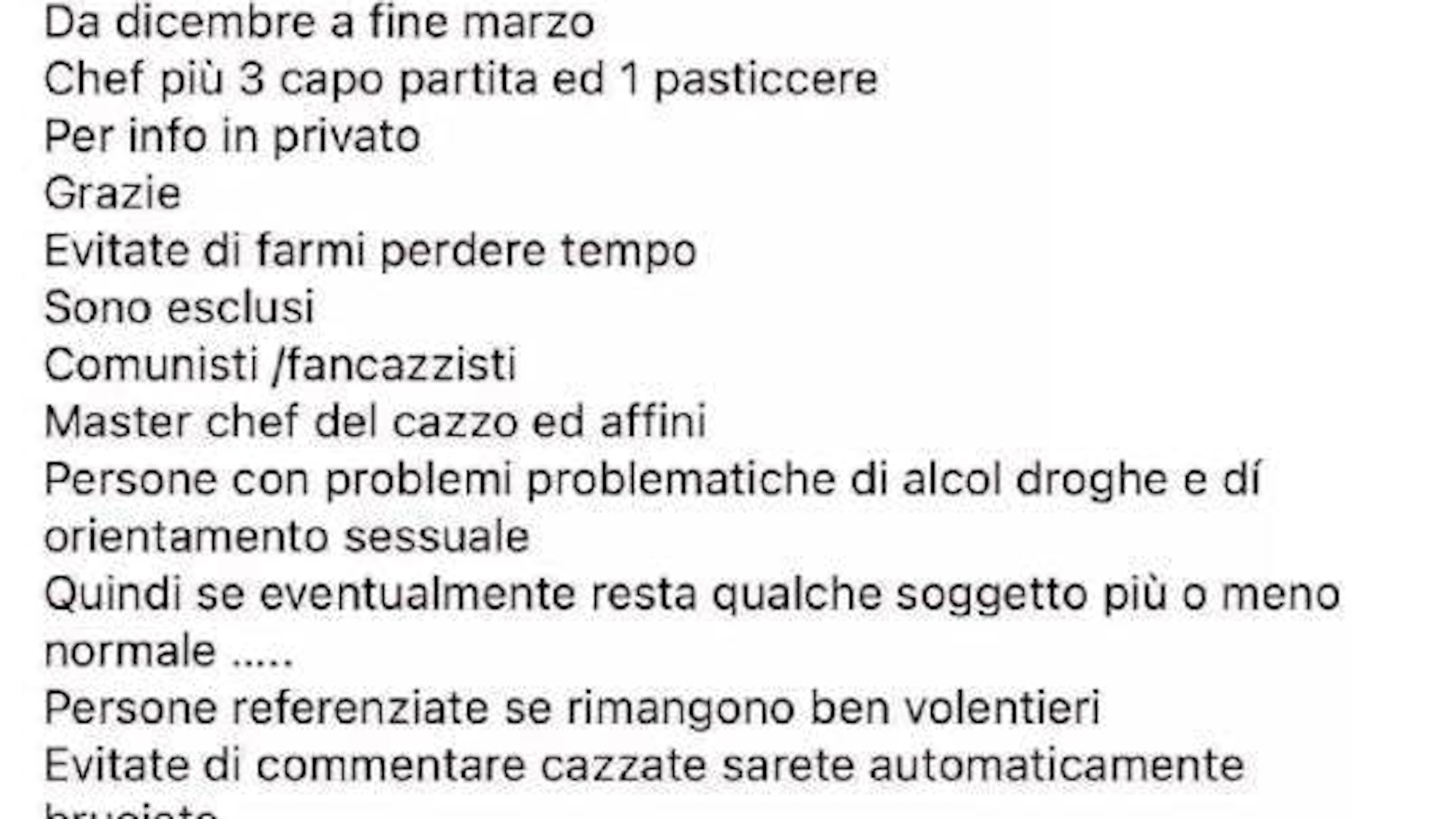 Post dello chef stellato. L'appello è stato poi cancellato.