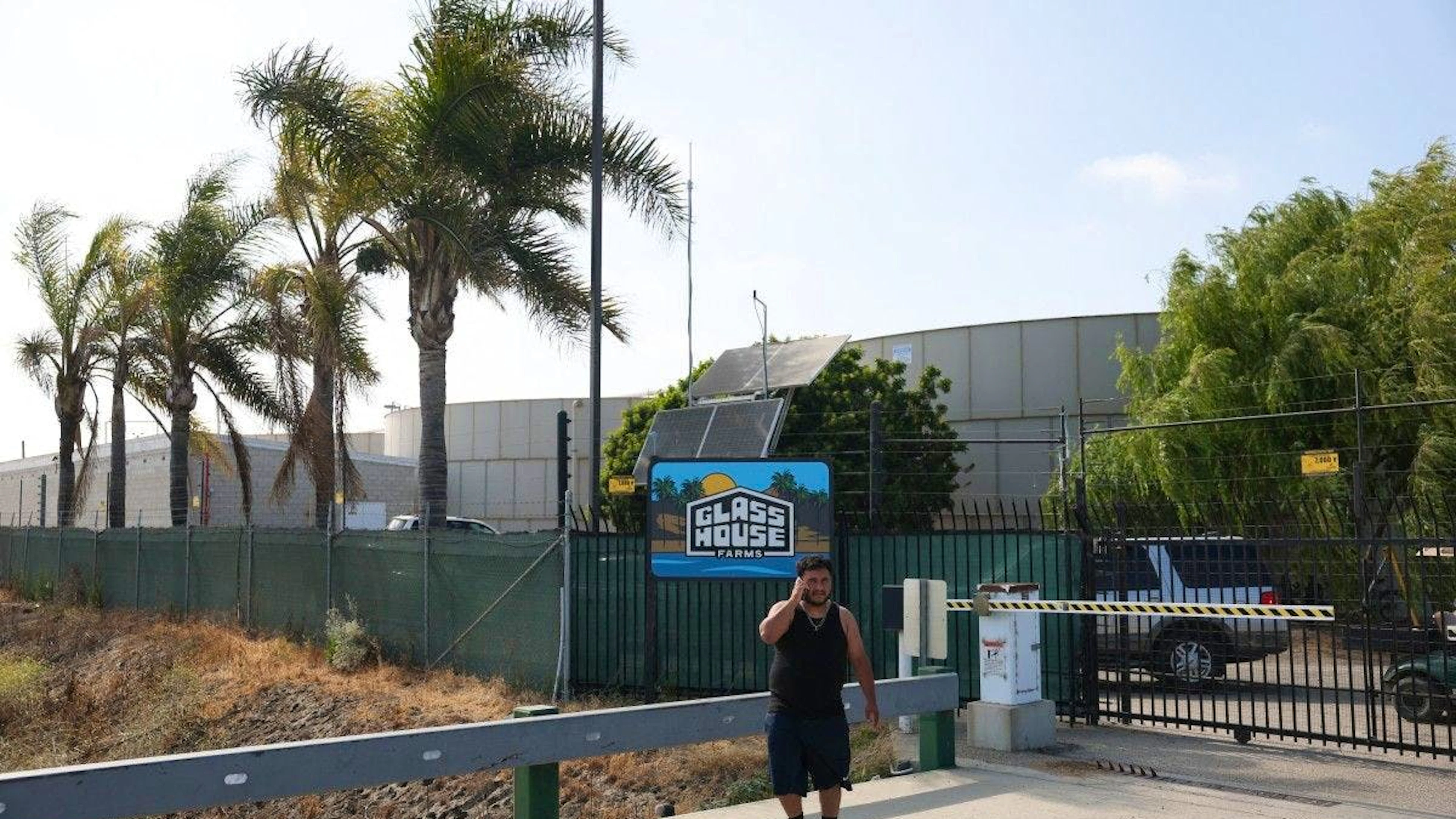 Un homme parle au téléphone tandis que des proches des personnes arrêtées lors de la descente d'immigration d’hier font la queue devant Glass House Farms, à Camarillo, en Californie, le 11 juillet 2025, pour récupérer les véhicules laissés sur place.