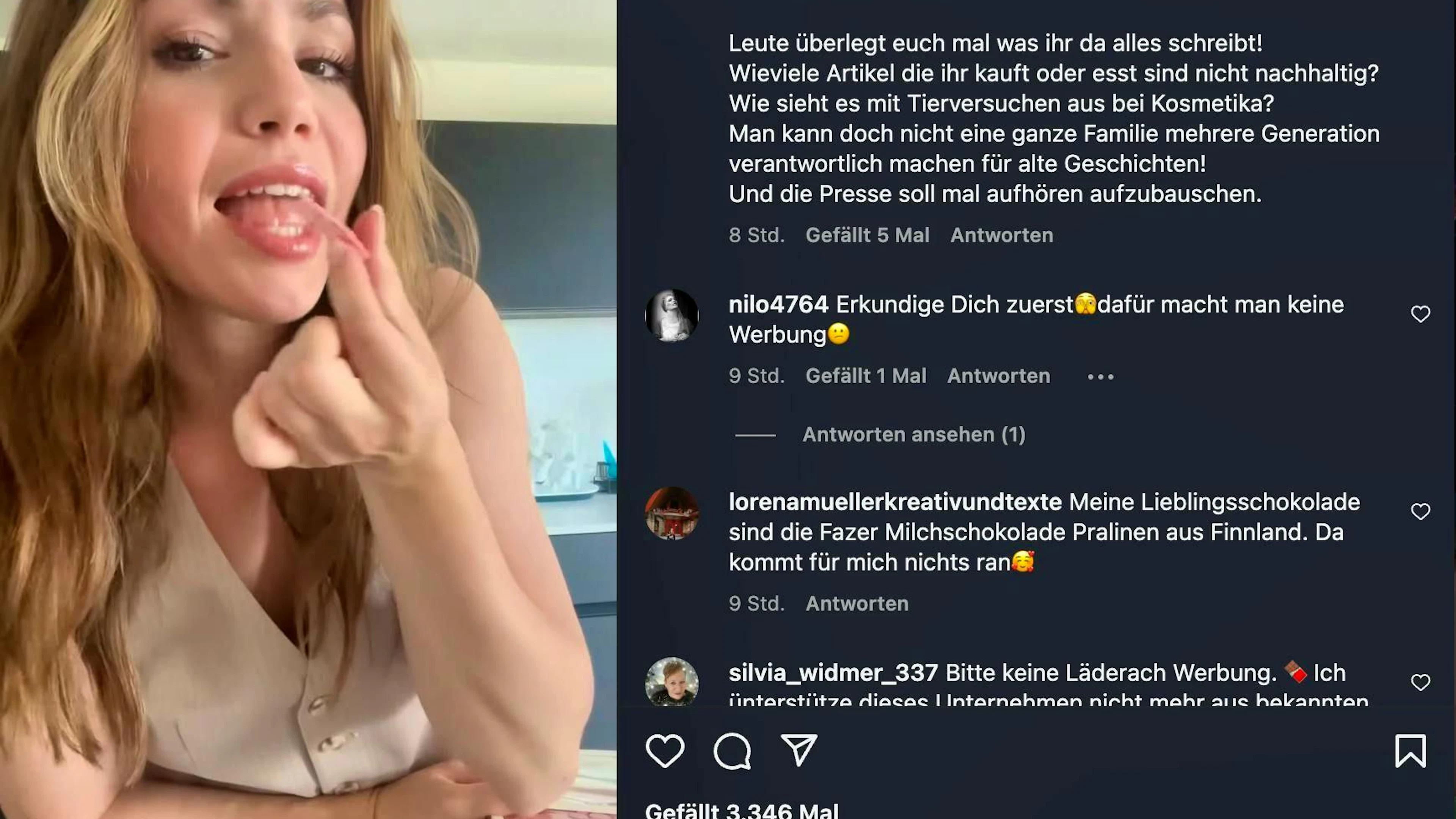 Christina Hänni fait de la publicité pour les chocolats Läderach sur sa chaîne tandis qu’une partie de ses followers sont horrifiés.
