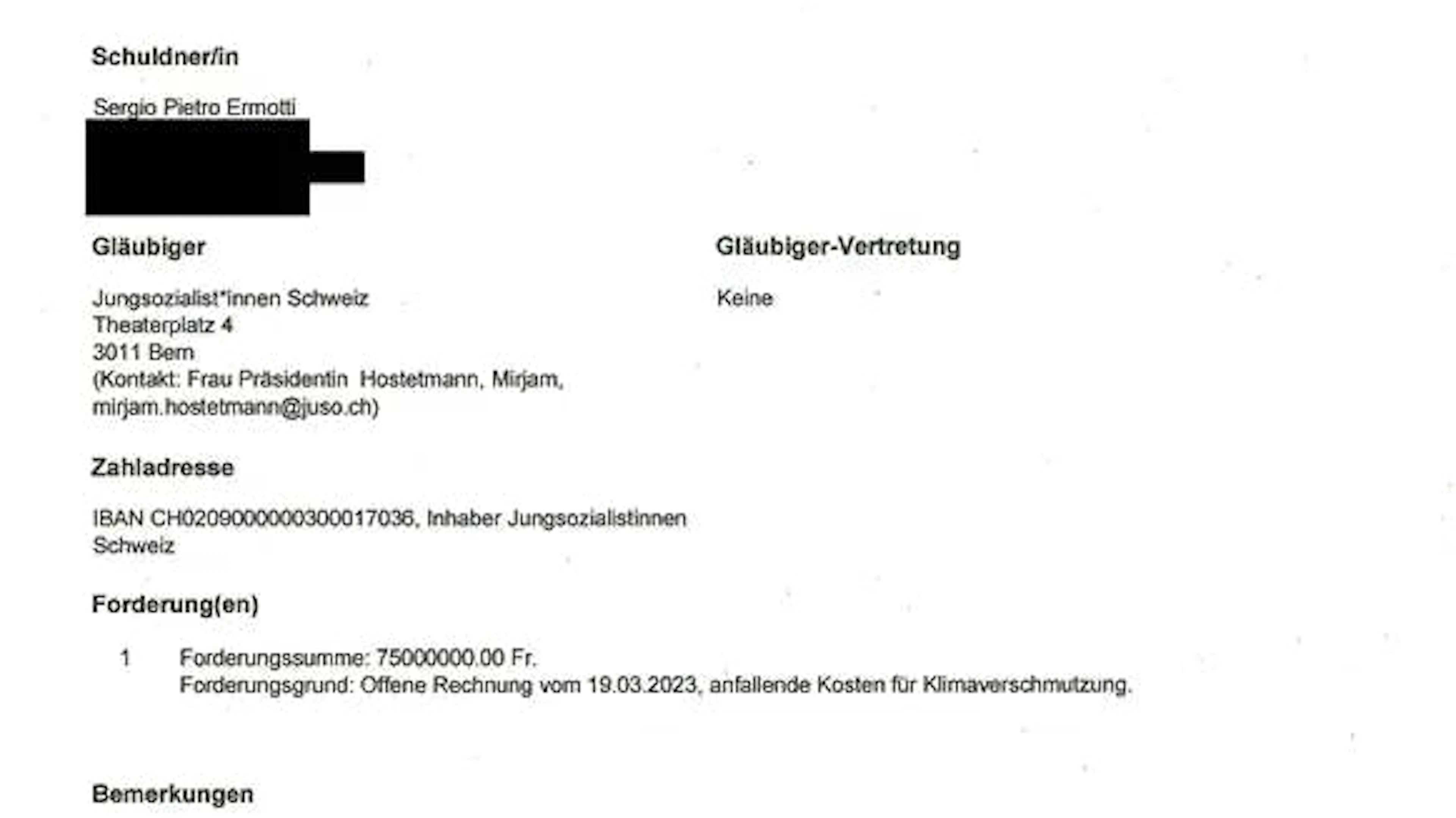 Diesen unerfreulichen Brief hat UBS-CEO Sergio Ermotti vom Betreibungsam Zug erhalten.