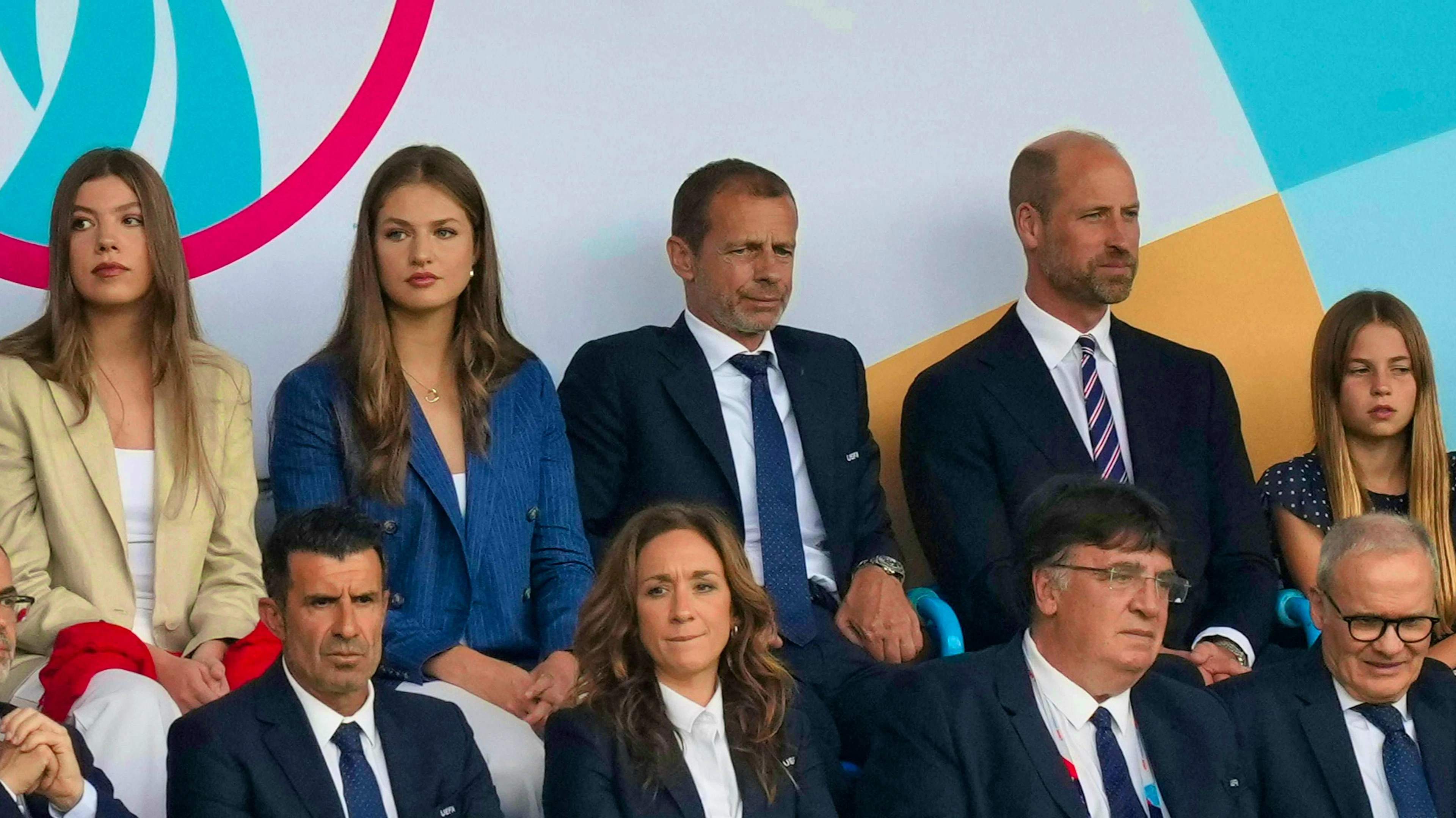 Princess Sofia and Princess Leonor kept their fingers crossed for Spain, UEFA President Aleksander Ceferin was officially neutral, Prince William with daughter Charlotte supported England (from left to right)