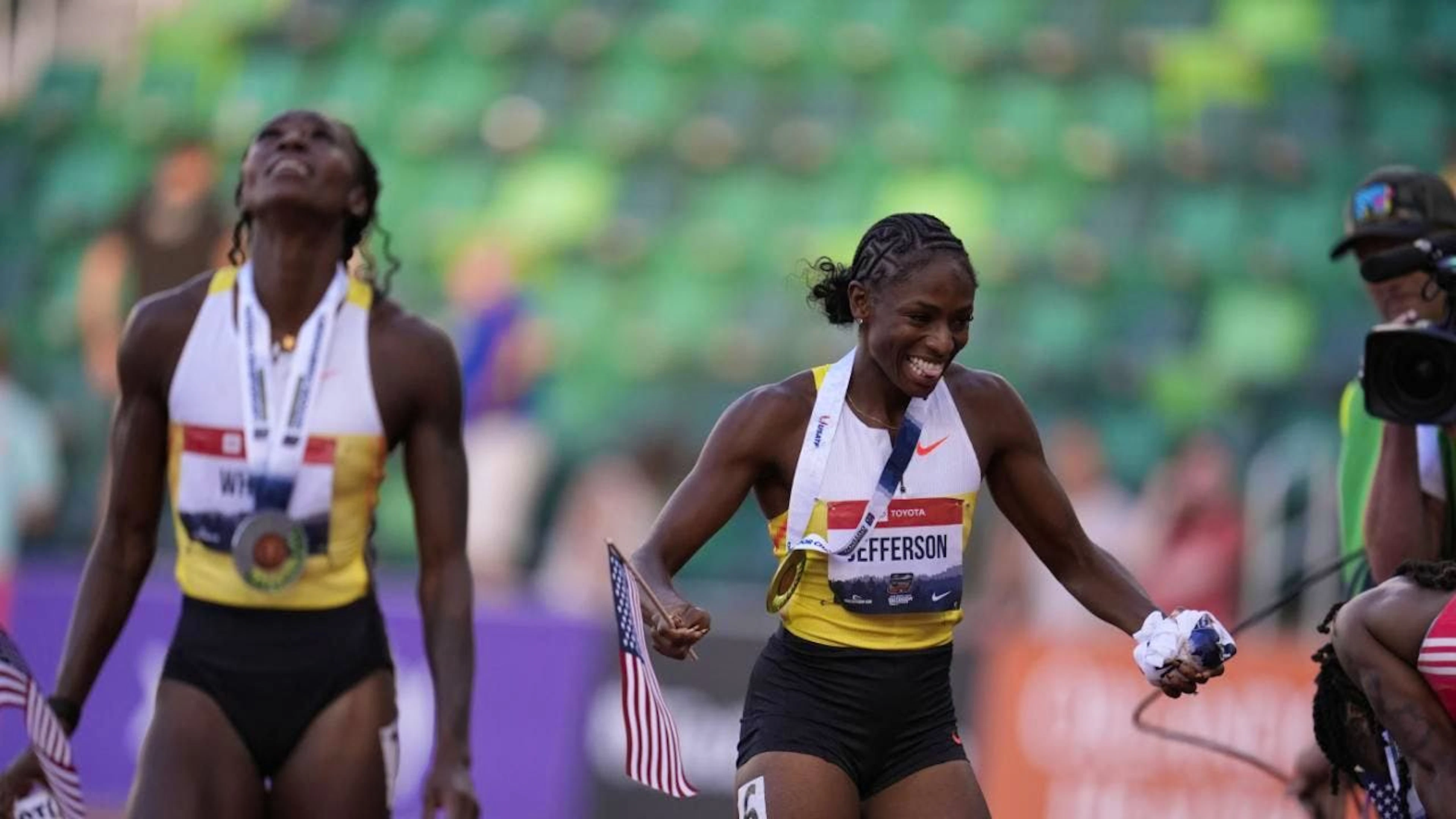Melissa Jefferson-Wooden freut sich an den US Trials in Eugene über den Titel über 100 m und die Verbesserung der Jahresweltbestzeit