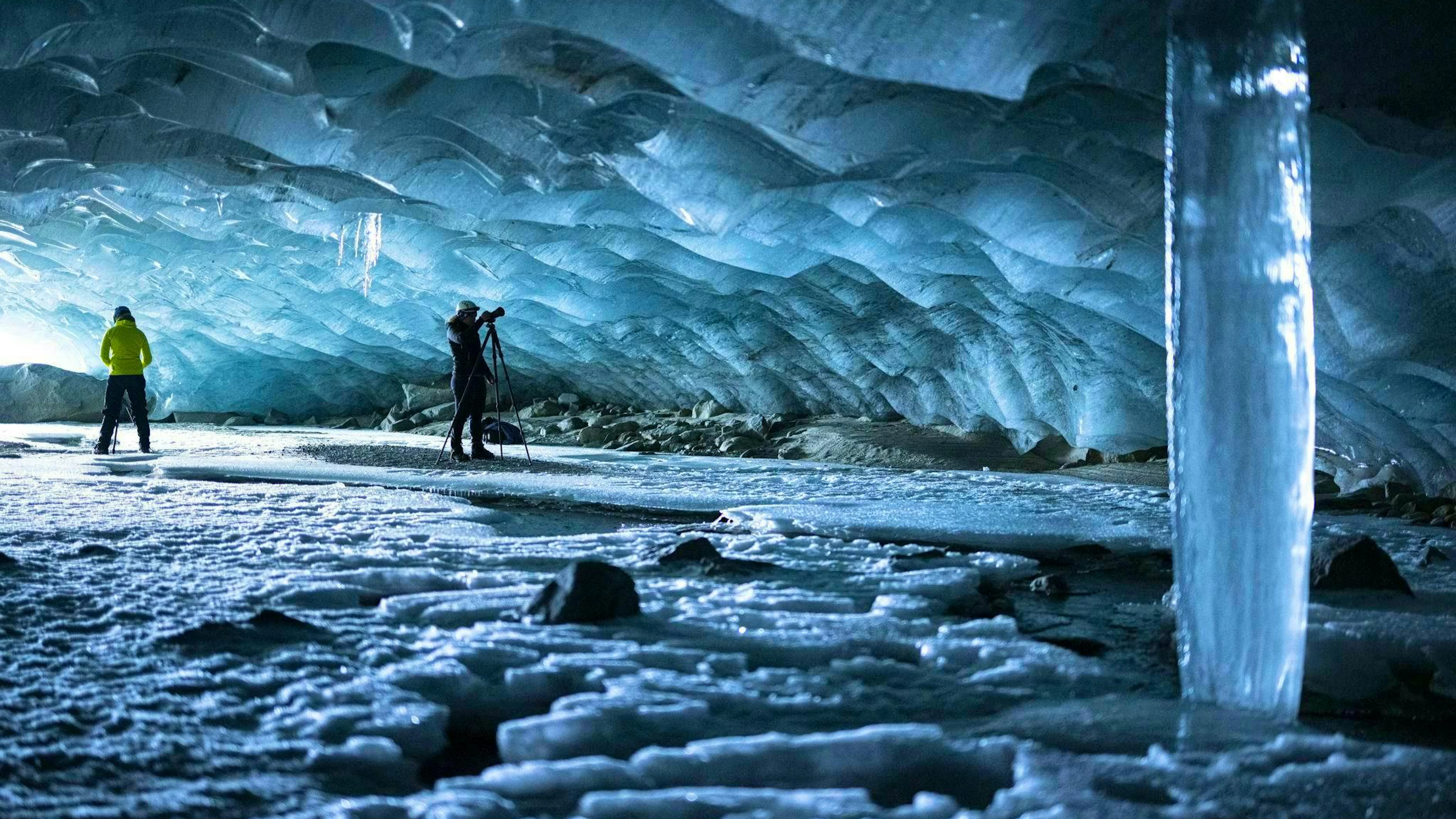 The ice volume of Swiss glaciers has halved since 1950.