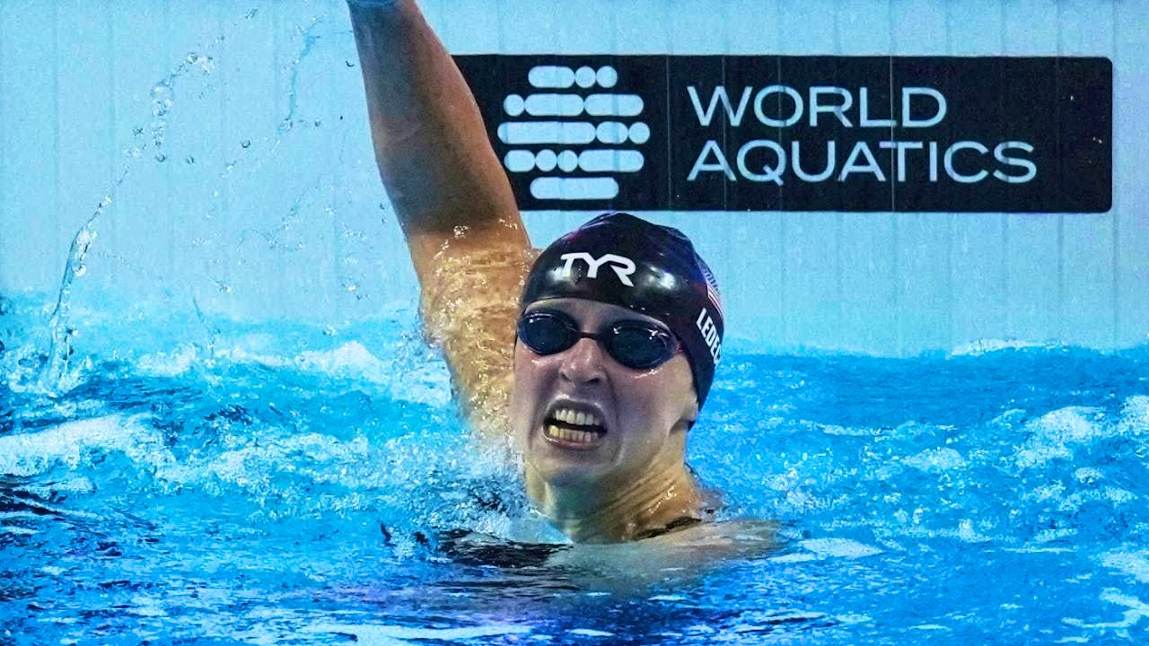 Katie Ledecky is delighted after winning her seventh World Championship title in the 800 m crawl