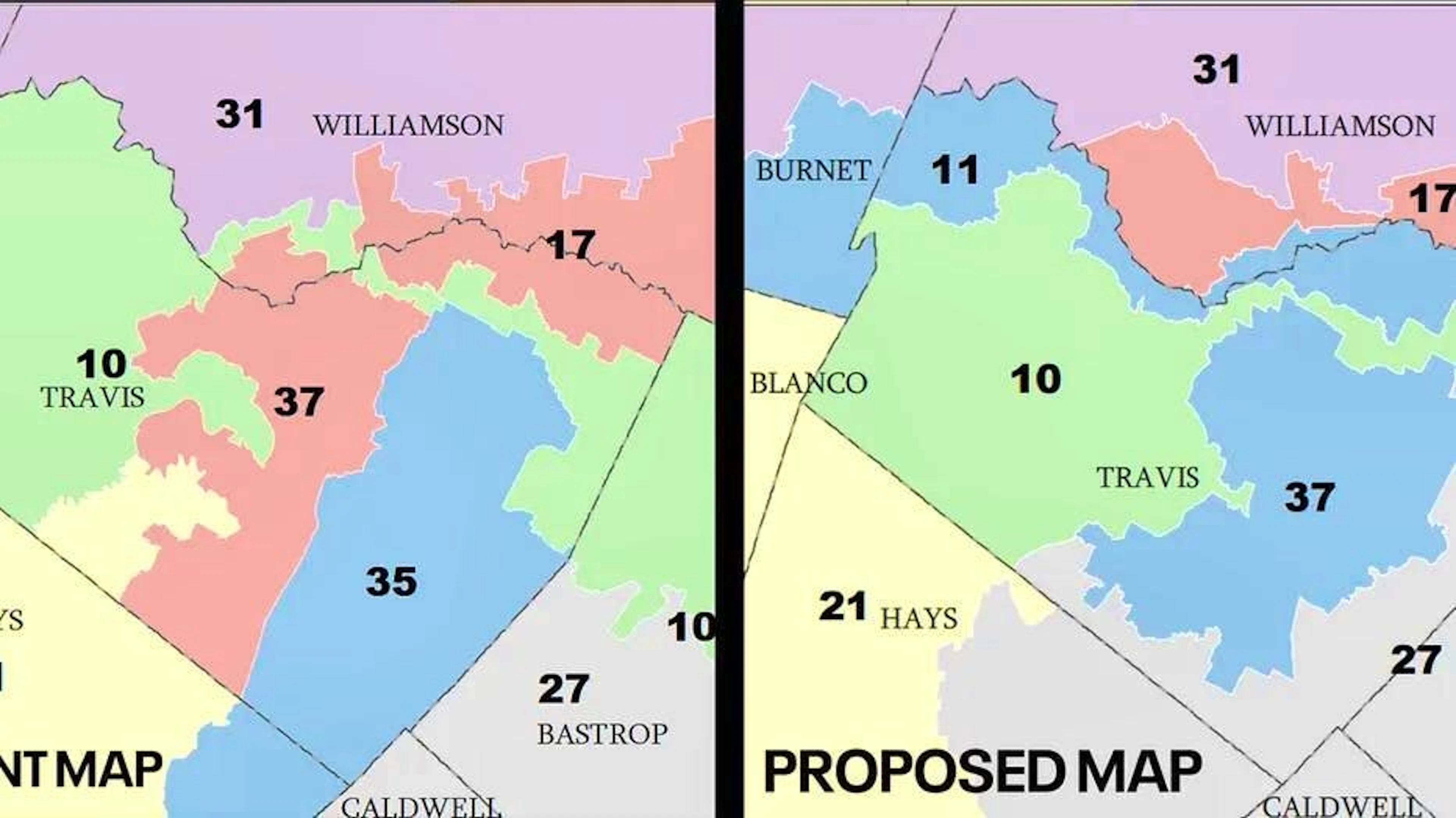Changes in Central Texas: The 35th district held by Democrats is simply eliminated.