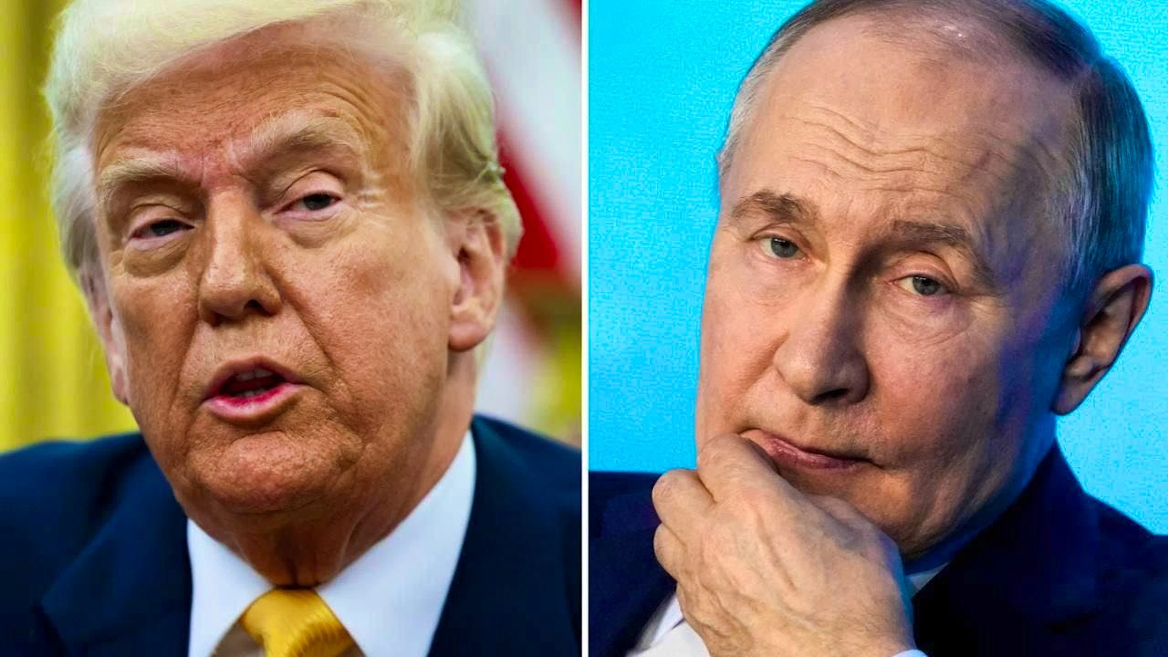 ARCHIVE - The combo of archive images shows US President Donald Trump (l) in the Oval Office of the White House on March 7, 2025 and Russian President Vladimir Putin during a technology forum in Moscow on February 21, 2025. Photo: Pavel Bednyakov/AP/AP/dpa