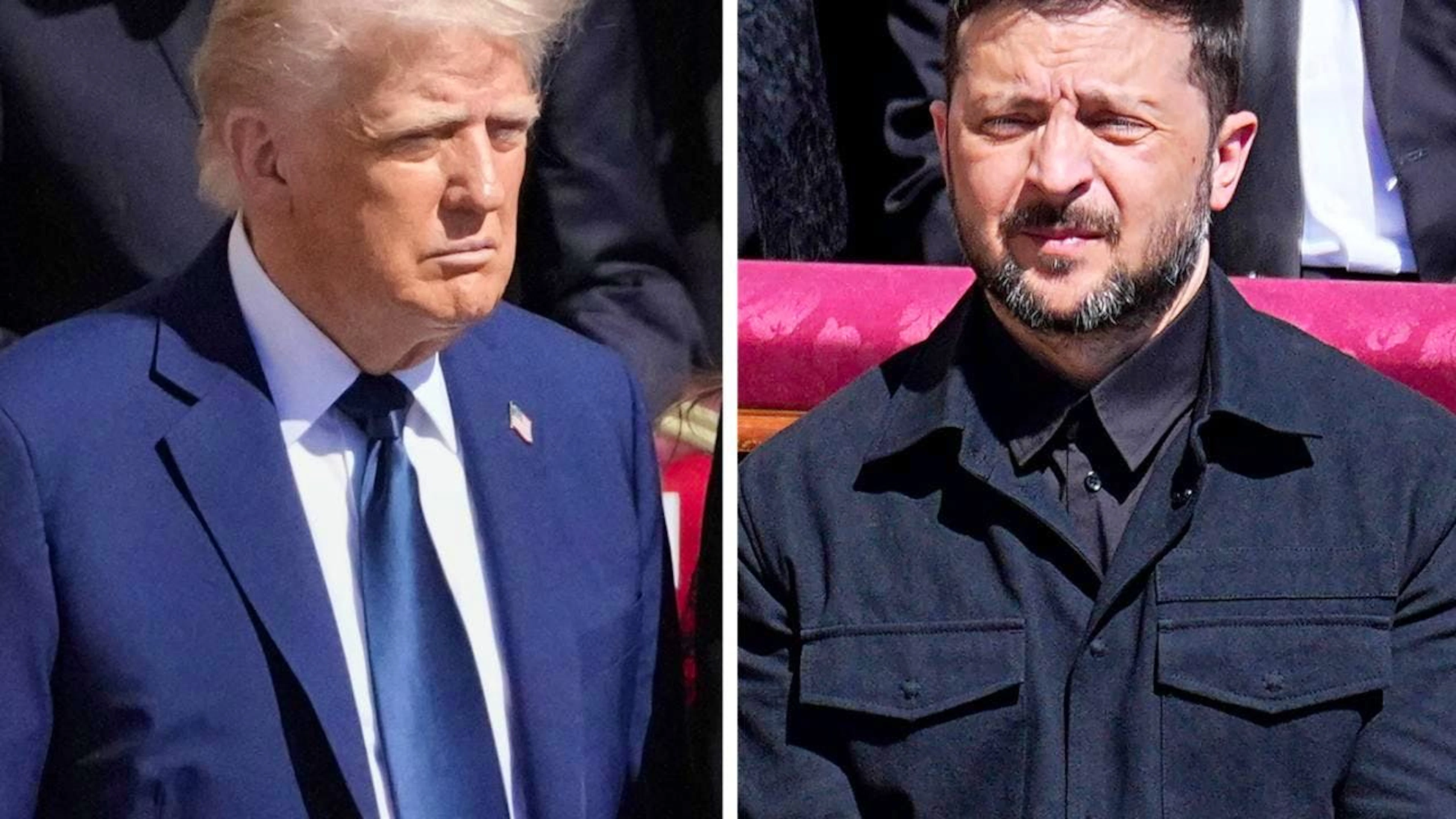 ARCHIV - US-Präsident Donald Trump (l) und der ukrainische Präsident Wolodymyr Selenskyj bei der Trauermesse für den verstorbenen Papst Franziskus auf dem Petersplatz. Foto: Kappeler/Schreiber/AP/dpa