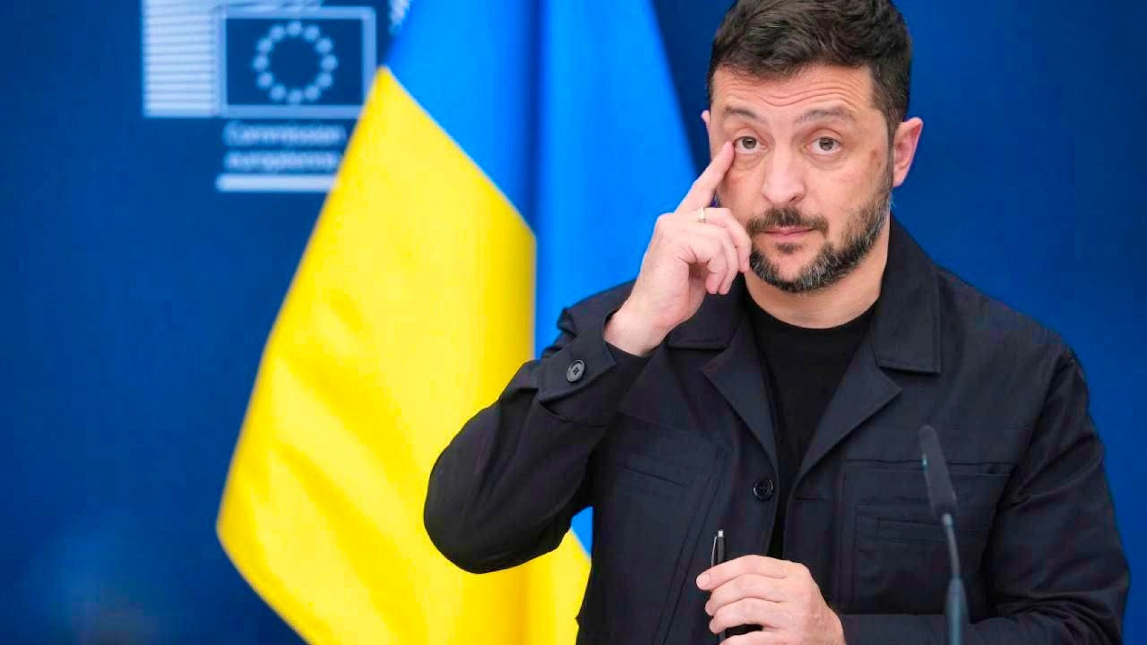 dpatopbilder - Volodymyr Zelensky, President of Ukraine, speaks during a press conference at the EU headquarters in Brussels. Photo: Uncredited/AP/dpa
