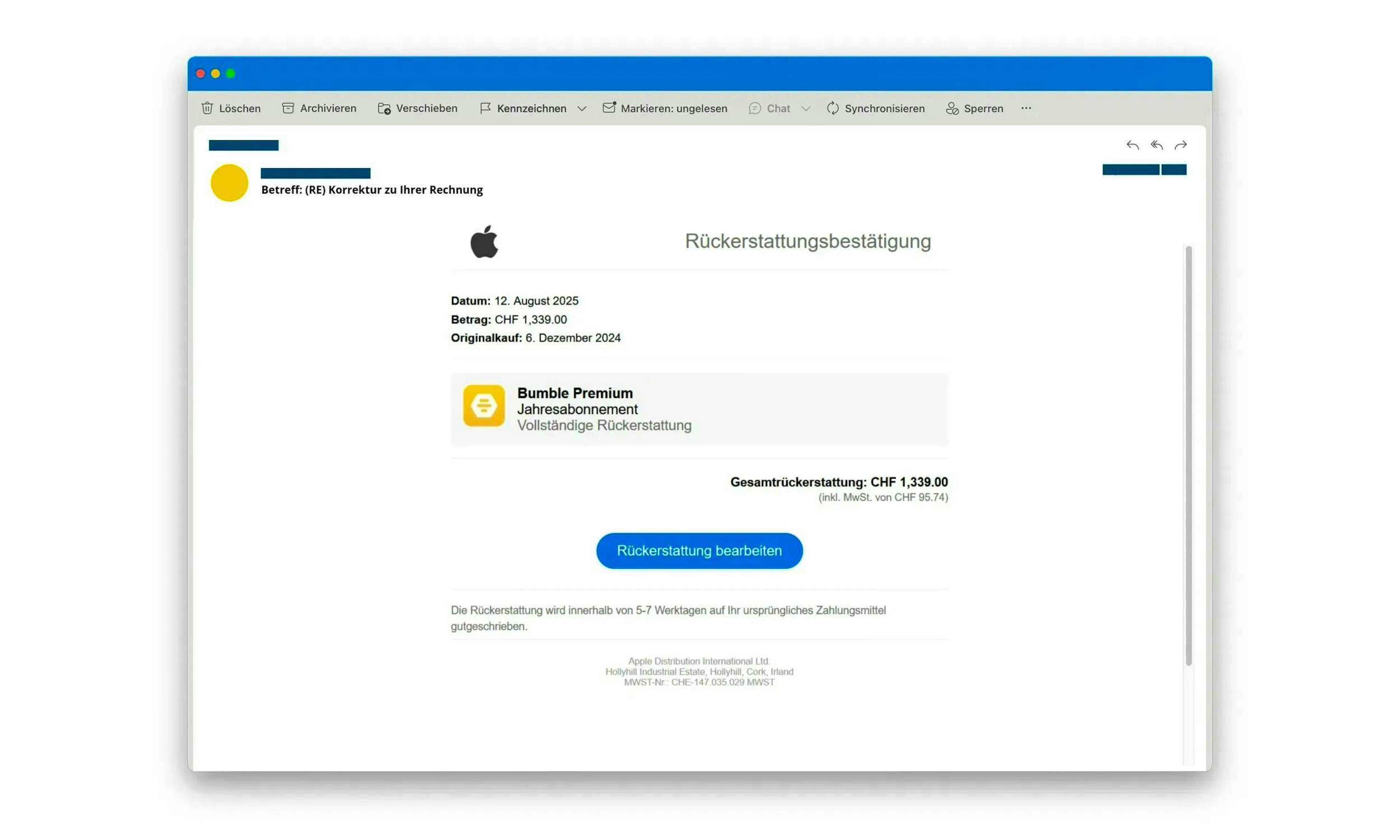 Screenshot of the fraudulent email