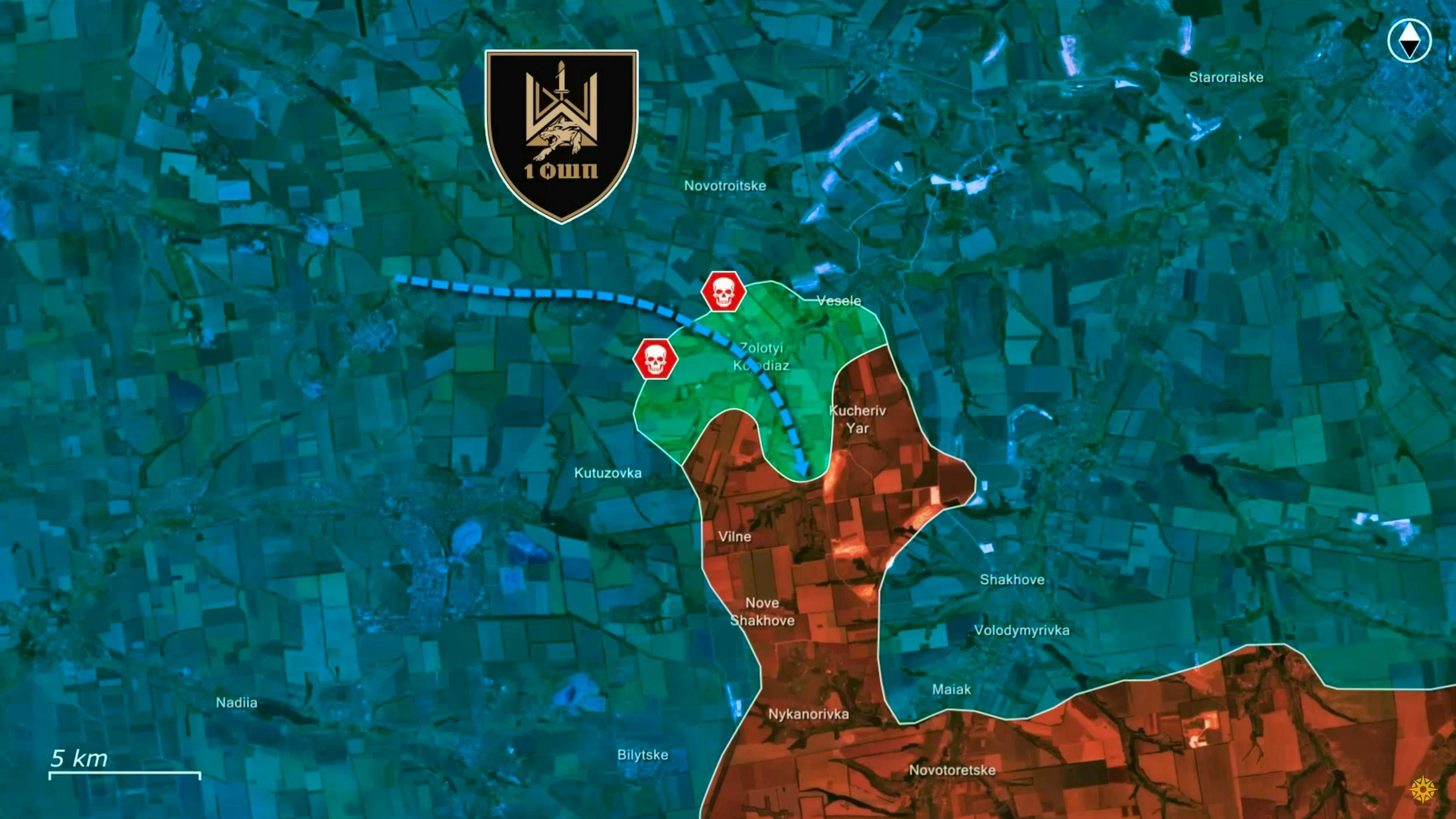 First, the 1st Assault Regiment halts the advance to the north and pushes the Russian troops back behind the village of Zoltyi Kolodjas. In the process, the Ukrainian defensive lines were recaptured.