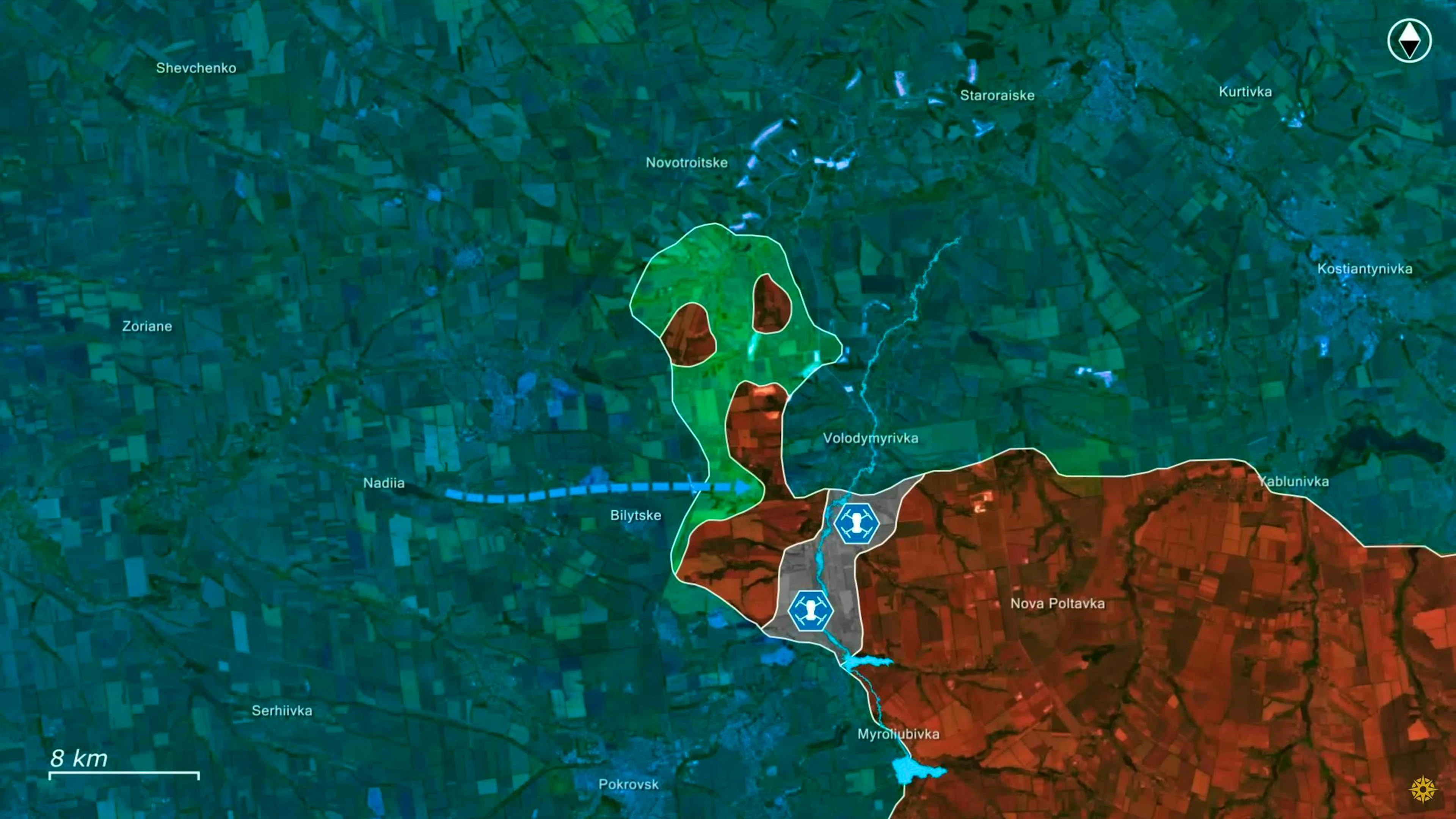 This allows the drones to clear the zone. Other Ukrainian units continue to close in on the Russians from the west. Three Russian troop units are trapped.