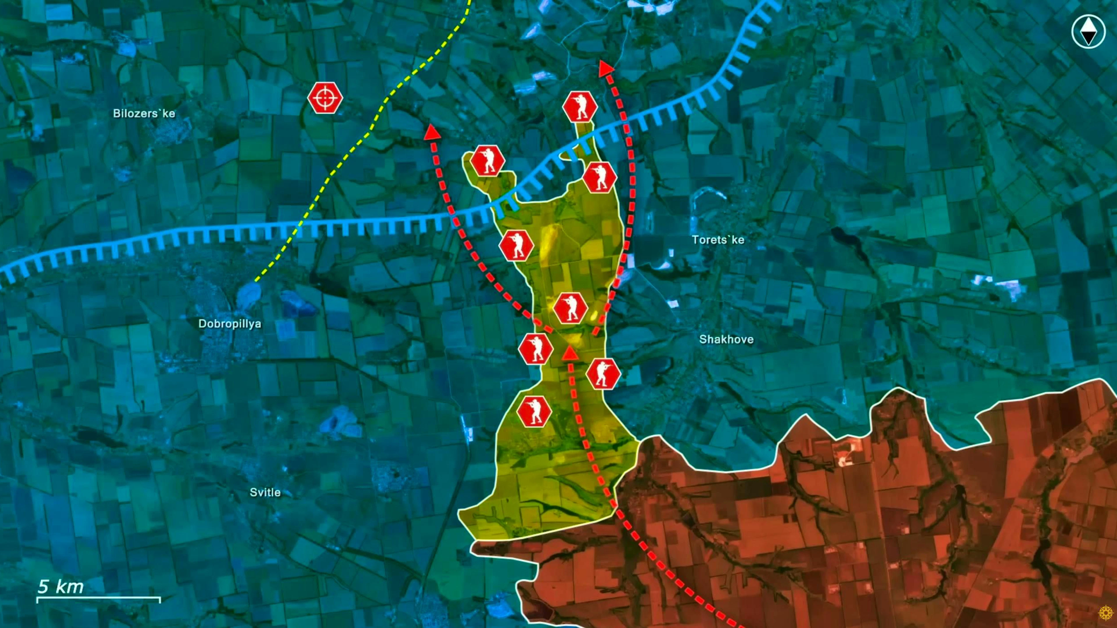 They reach the Ukrainians' new Donbas defense line, which they initially bypass and advance further. In doing so, they also come within firing range of the important T0514 connecting road (yellow dashed line).