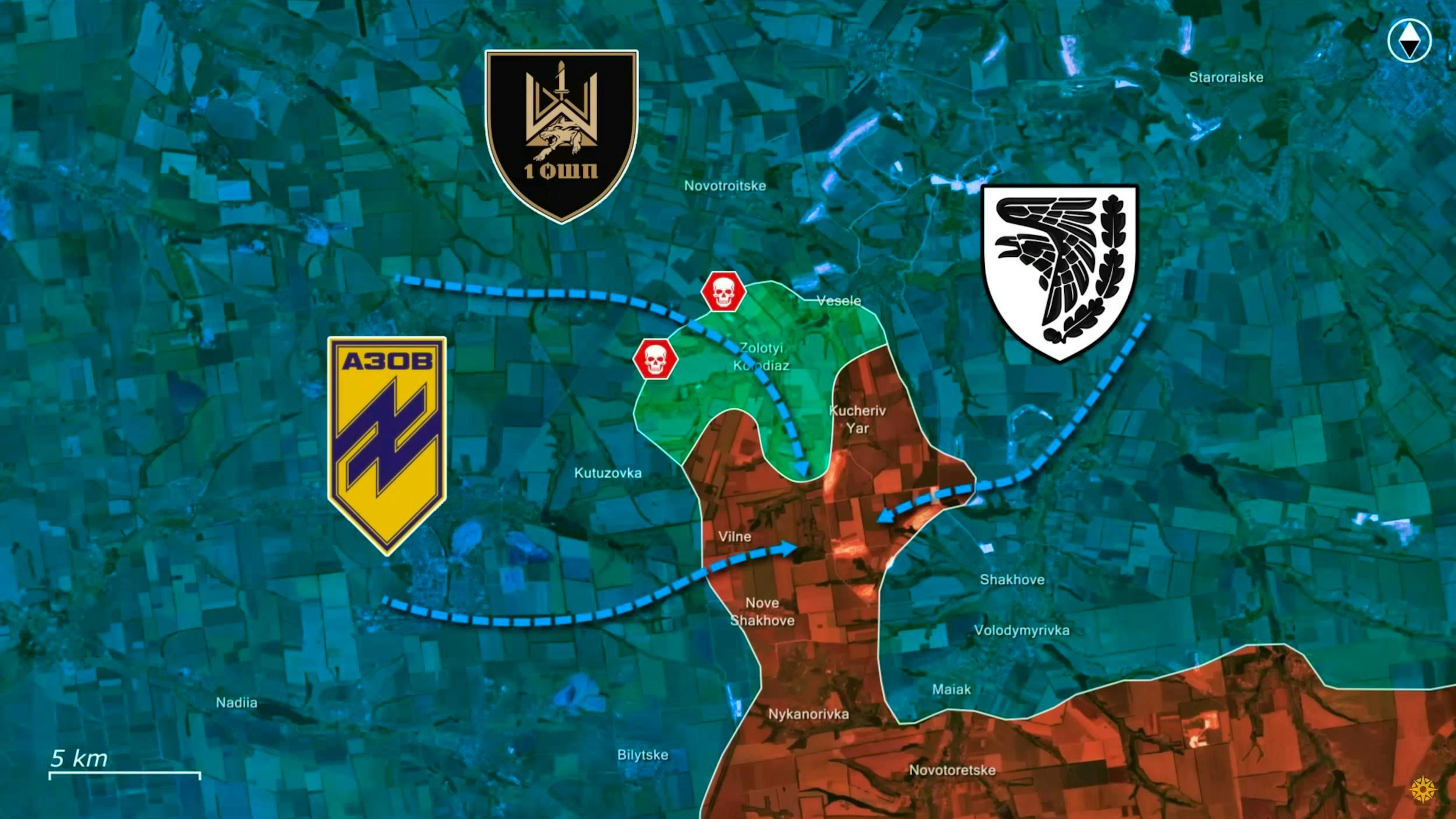 In a next step, the 93rd Independent Mechanized Brigade attacks the bulge in the flanks from the east and the Azov Regiment from the west ...