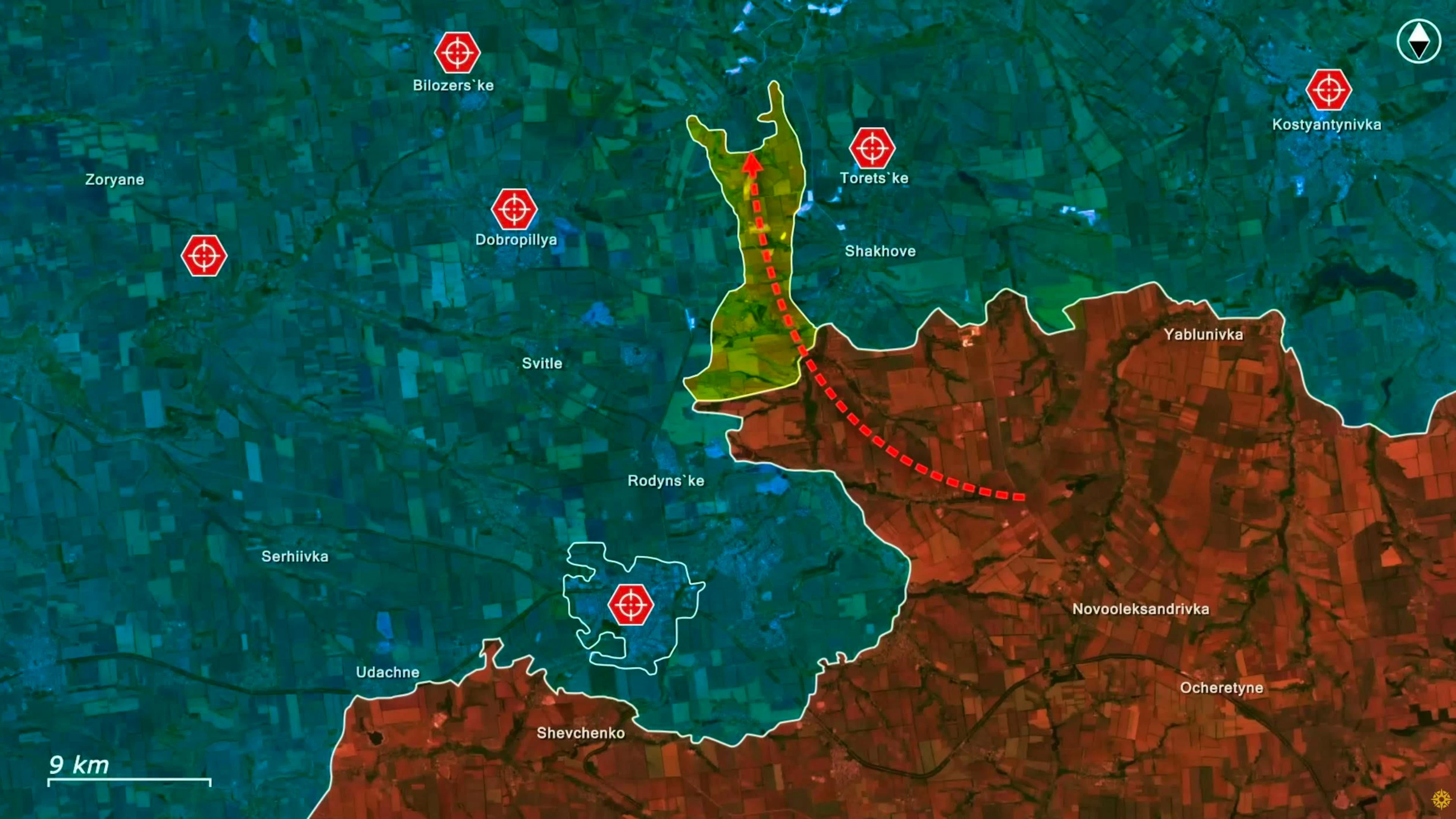 Due to poor communication and a lack of coordination, Kiev's forces only assume that they are sabotage troops, but in fact the Russians are following the breach they have made. The advance threatens several Ukrainian settlements in the area.