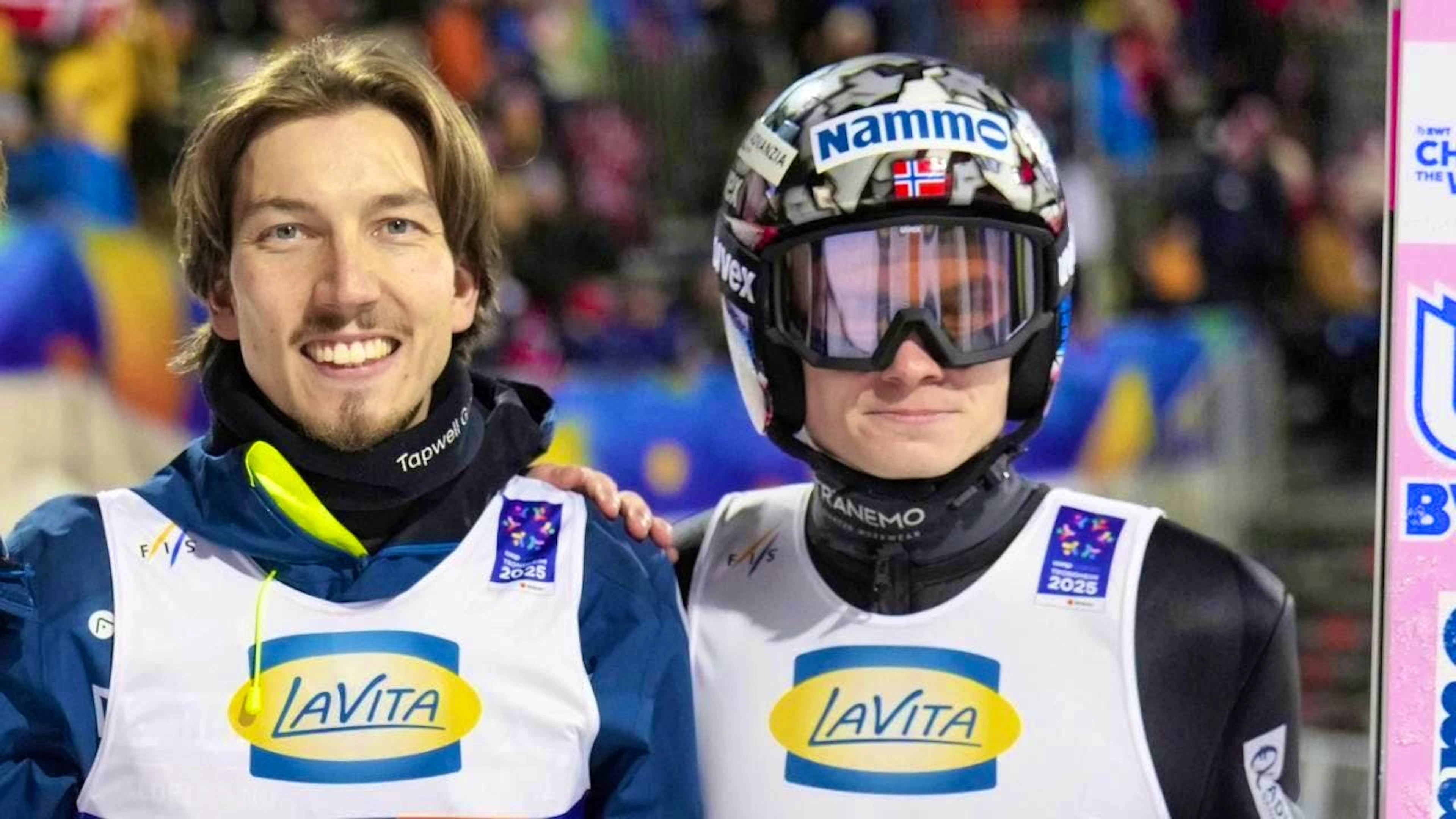 Johann André Forfang (left) and Marius Lindvik are banned for three months