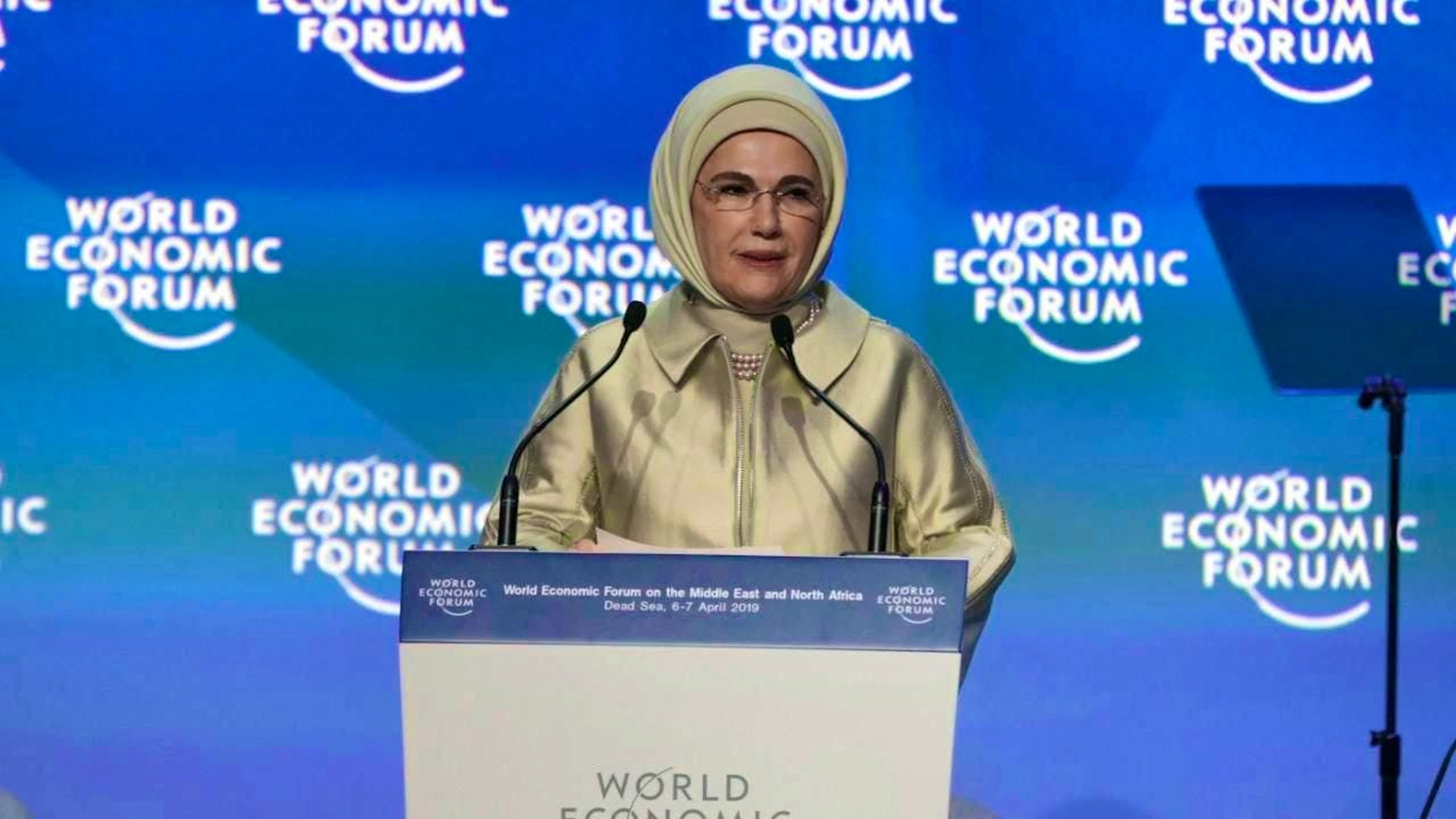 ARCHIVE - Emine Erdogan, wife of Turkish President Erdogan, speaks during a session of the World Economic Forum Middle East and North Africa. Photo: Ahmad Abdo/dpa