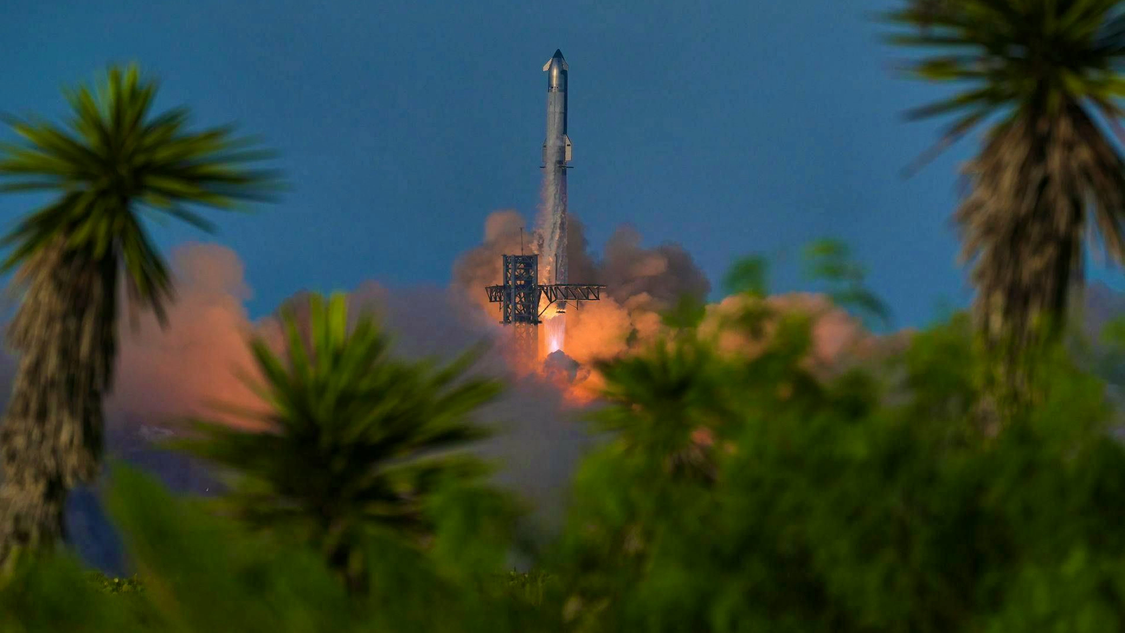The giant Starship rocket takes off for a test flight in Texas on Tuesday.