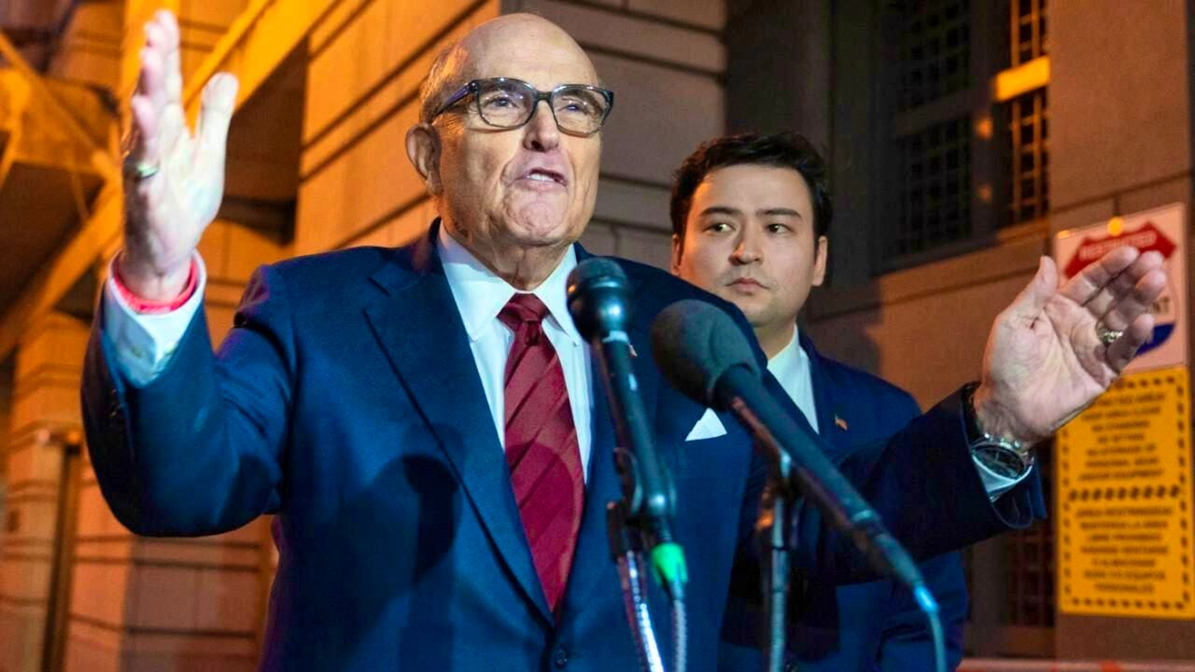 ARCHIVE - Rudy Giuliani, former mayor of New York, speaks to reporters as he leaves federal court in Washington. The trial will decide how much Rudy Giuliani must pay two Georgia election officials he falsely accused of fraud while supporting former President Trump's unsubstantiated claims after his 2020 election defeat. Photo: Jose Luis Magana/AP/dpa