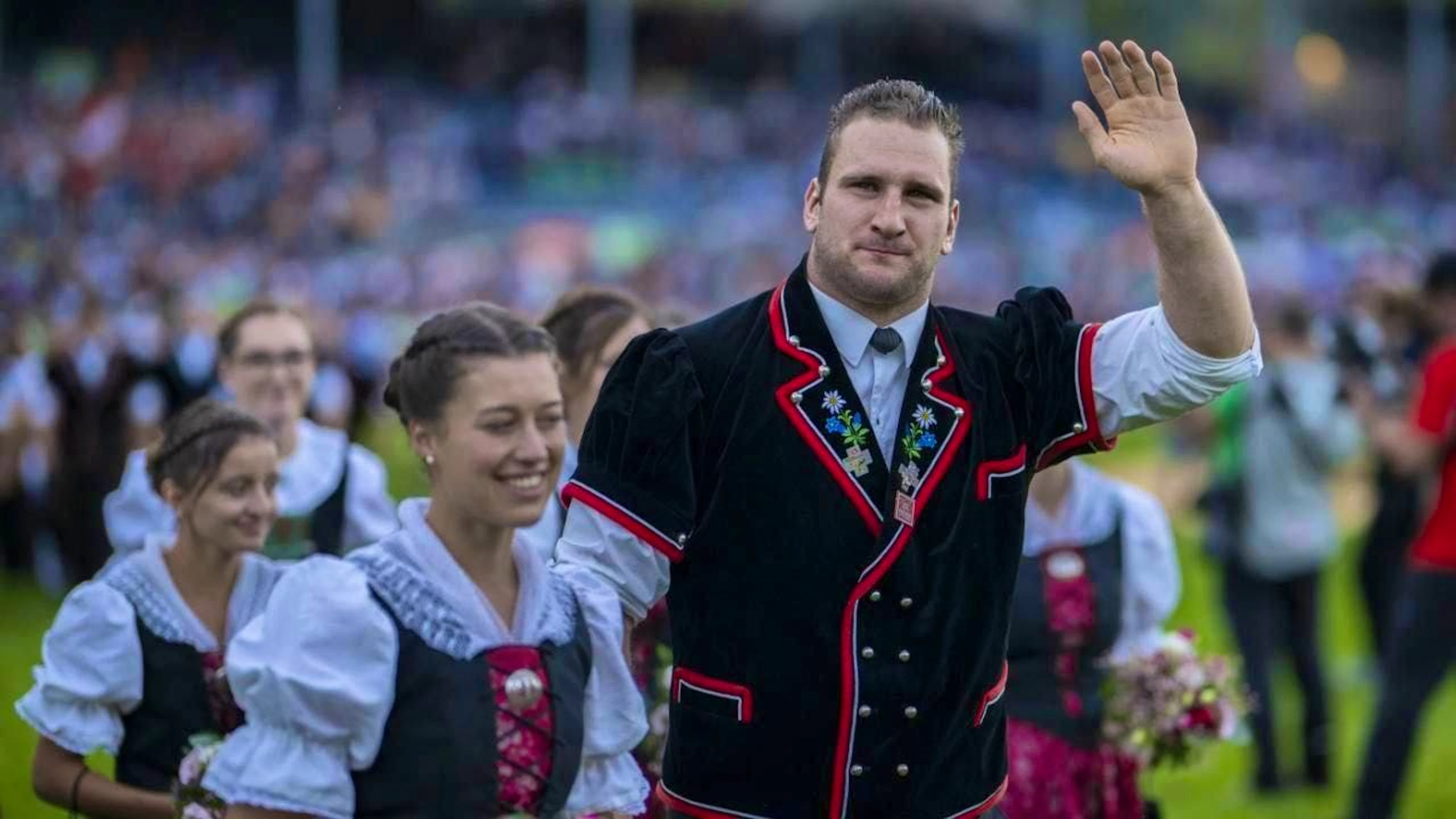 Wrestling king Armon Orlik after his victory at the Swiss National Wrestling Championships in Mollis.