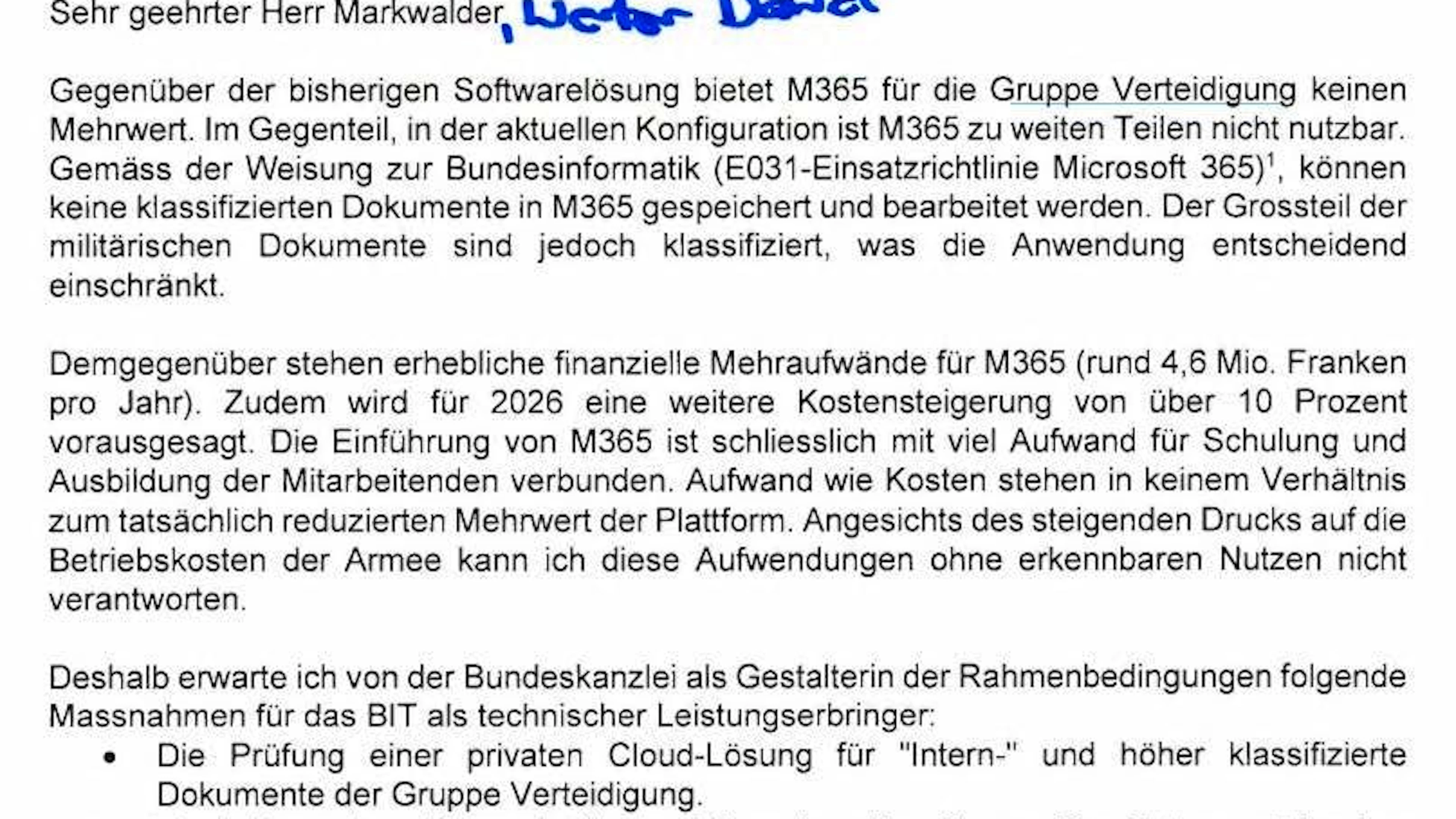 Thomas Süssli does not want sensitive army data to be stored in the cloud.