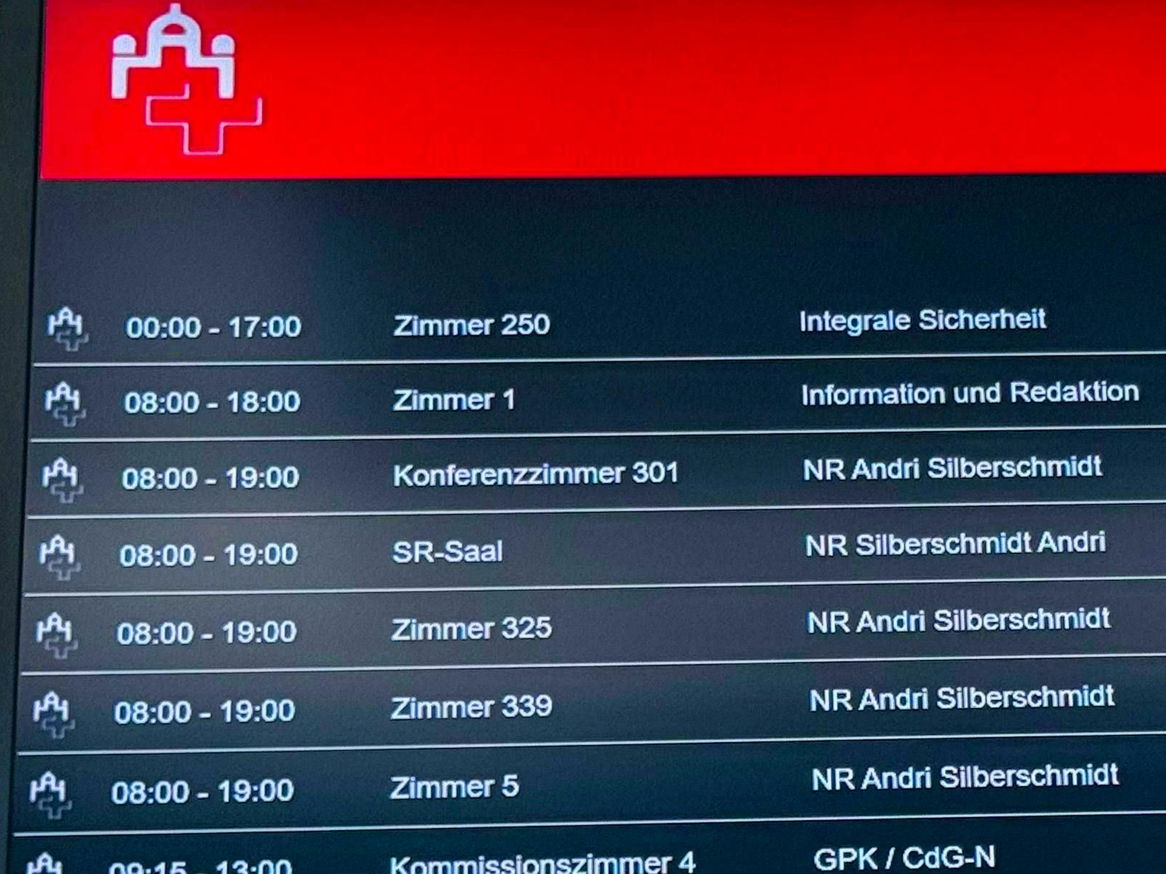 The reservations screen shows that Silberschmidt even reserved the Council of States chamber.