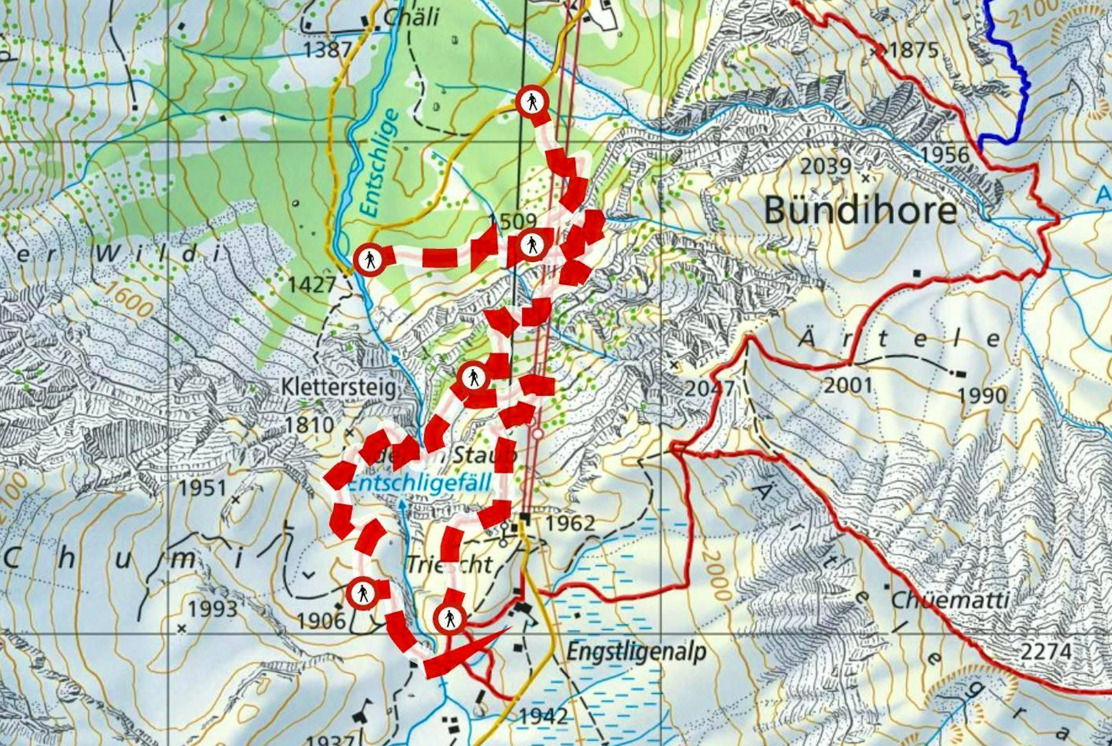 Lots of red and white: closed hiking trails are marked like this on the online map. Click on the trail to see the cause.