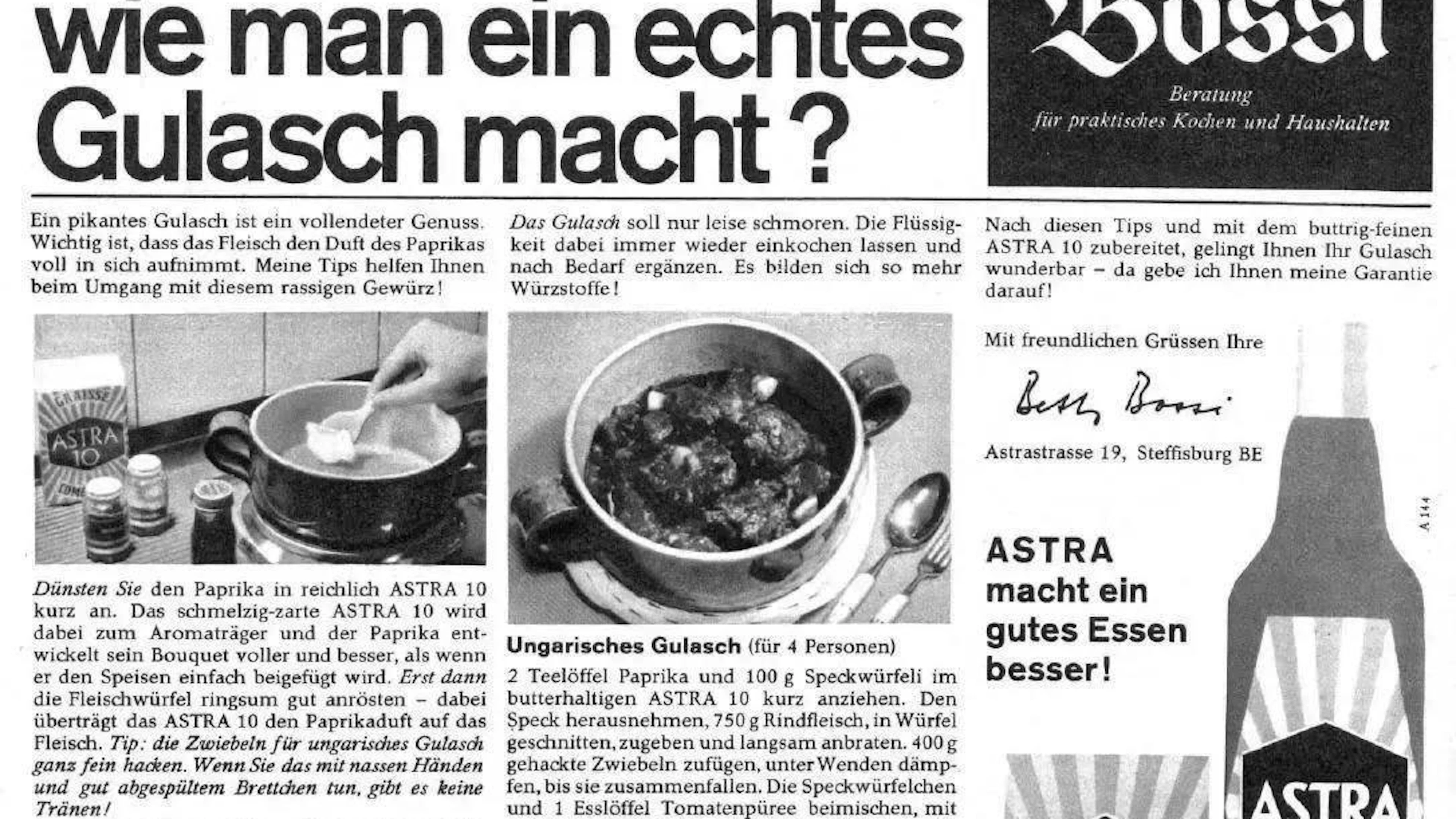 In February 1960, Betty Bossi advertised Astra cooking oil.