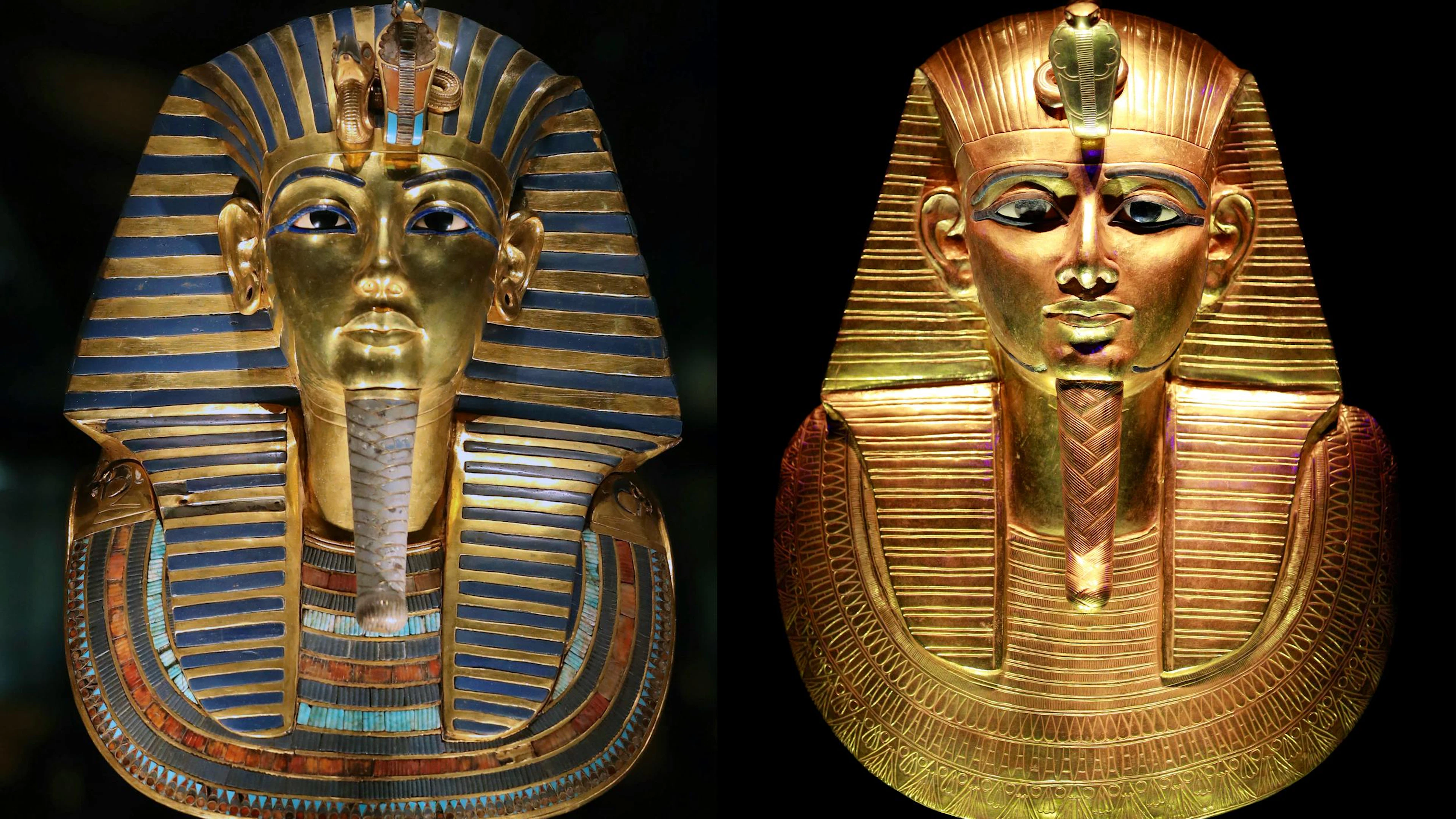 Links Tutanchamun, rechts Psusennes I. Tutanchamuns Goldmaske zeigt viele farbige Einlagen, sowie Kobra und Geier als Herrschaftssymbole. Die Maske von Psusennes I. ist zurückhaltender gestaltet, mit weniger Einlagen. Ausserdem ist die Maske zweiteilig angefertigt. Die Forschung bezeichnet beide als Spitzenwerke königlicher Goldschmiedekunst.