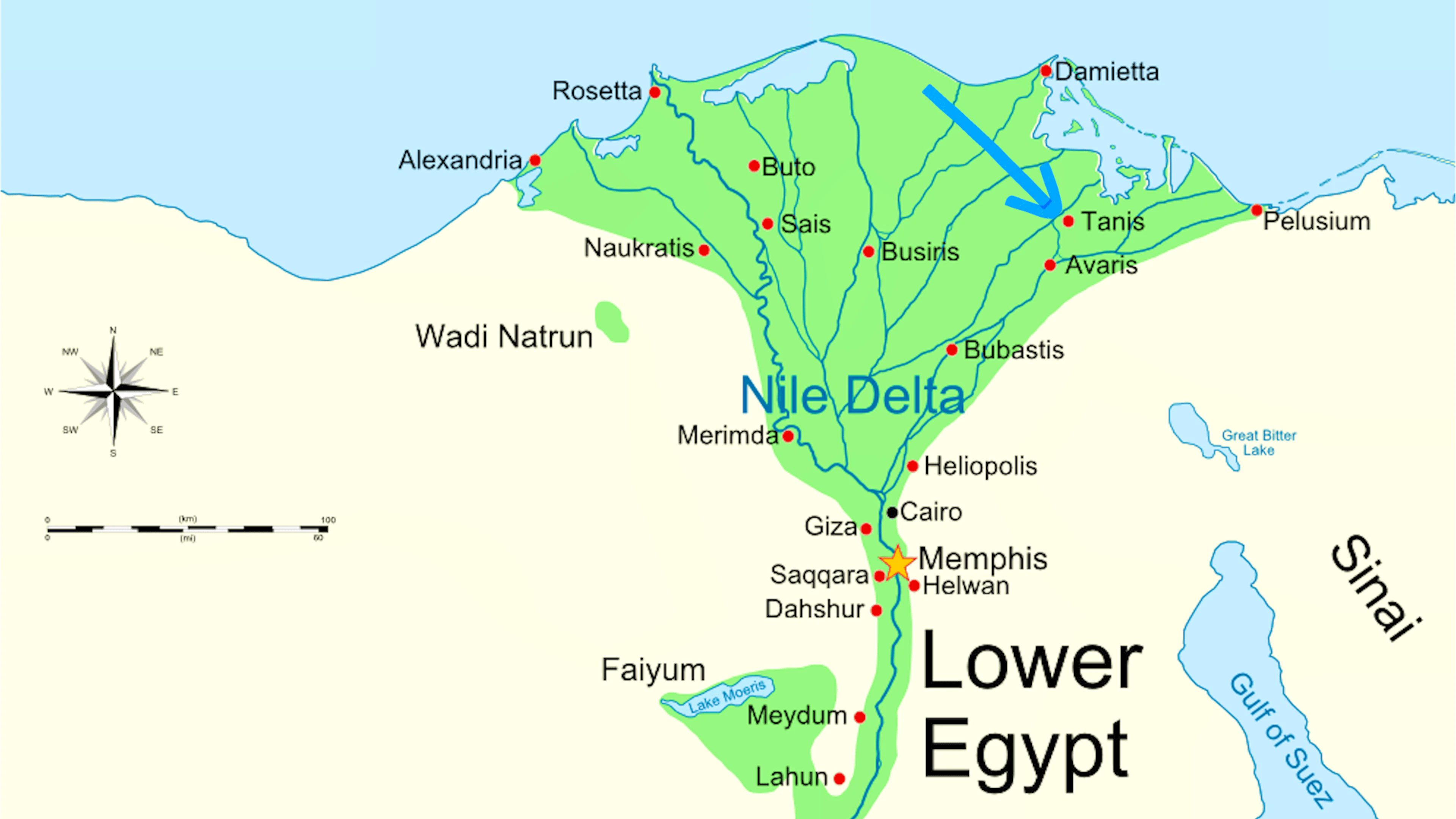 Ägyptens Nildelta. Im Nordosten liegt Tanis (blauer Pfeil). Der Ort&nbsp;wurde ab der 21. Dynastie, also um etwa 1075 v. Chr., zum Machtzentrum der Pharaonen in Unterägypten.
