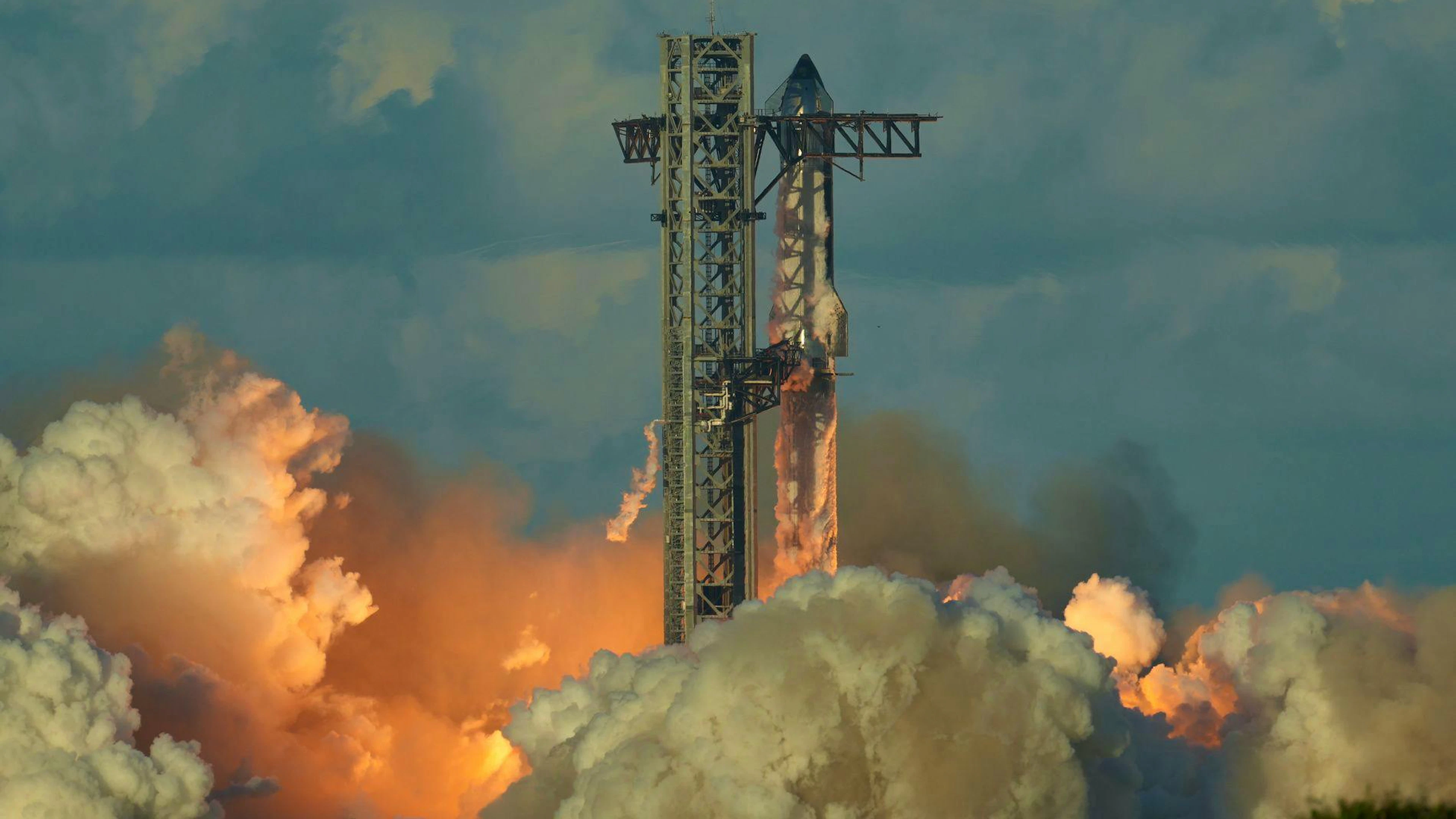 SpaceX's mega rocket Starship makes a test flight from Starbase, Texas, Monday, Oct. 13, 2025. (AP Photo/Eric Gay)