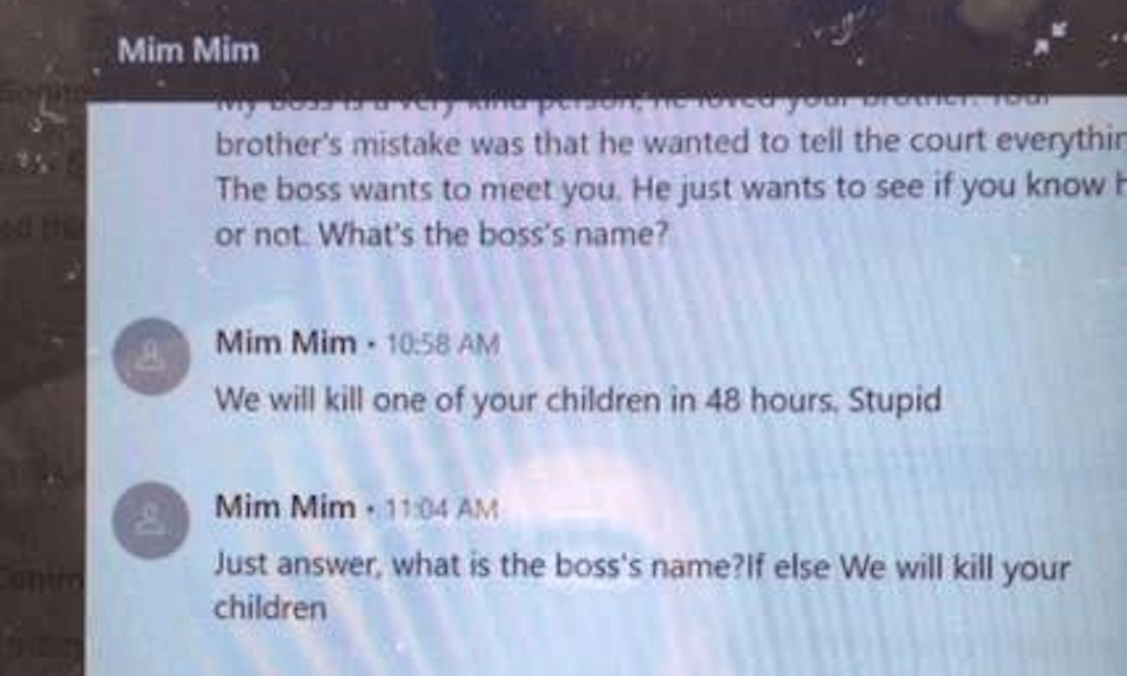 The threat from "Mim Mim" to Mark Epstein can be found in the published Epstein files. He sent this screenshot to the FBI in May 2020.