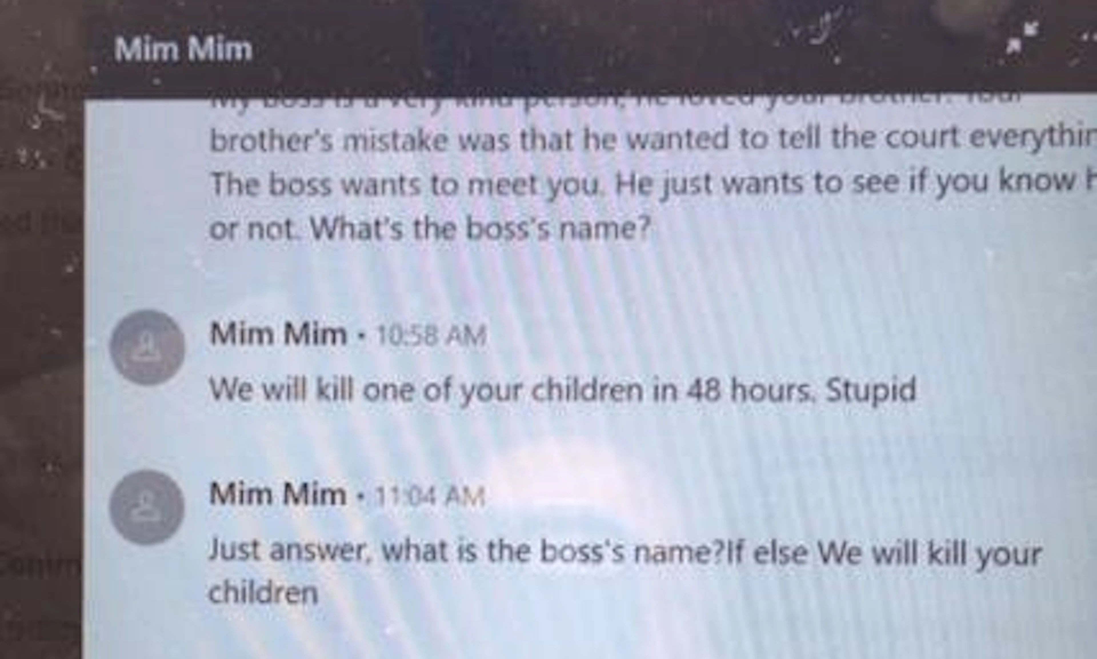 In den publizierten Epstein-Akten findet sich die Drohung von «Mim Mim» an Mark Epstein. Er schickte diesen Screenshot im Mai 2020 ans FBI.